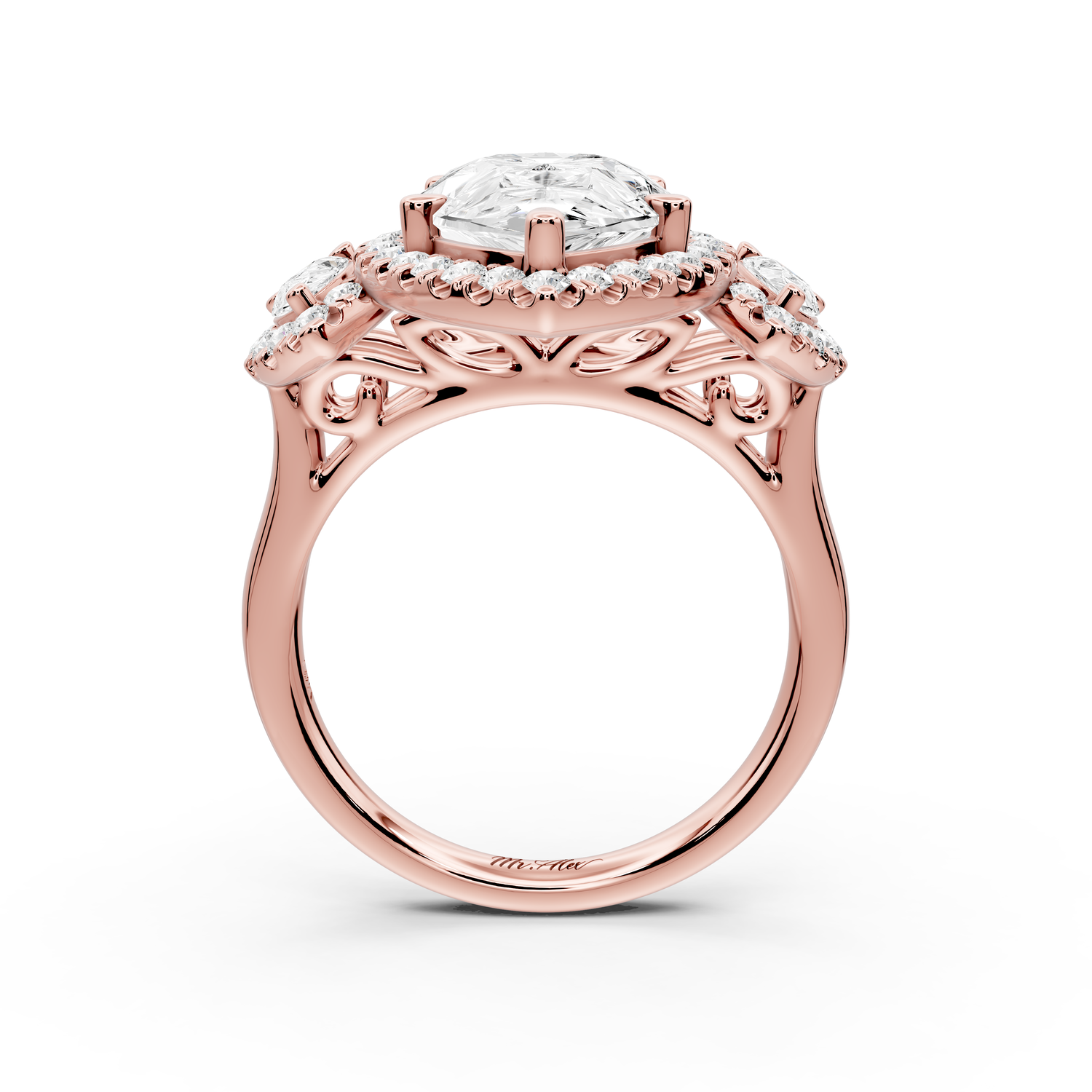 Iris - 4ct 14k rose gold Three stone pear Halo engagement ring