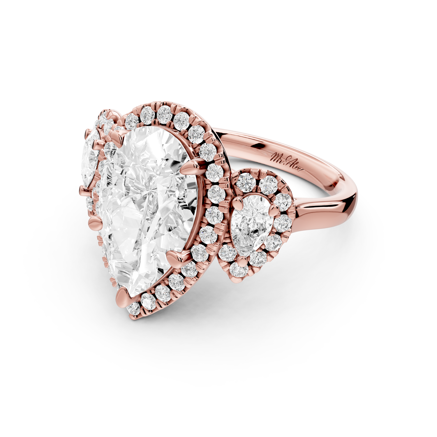 Iris - 4ct 14k rose gold Three stone pear Halo engagement ring