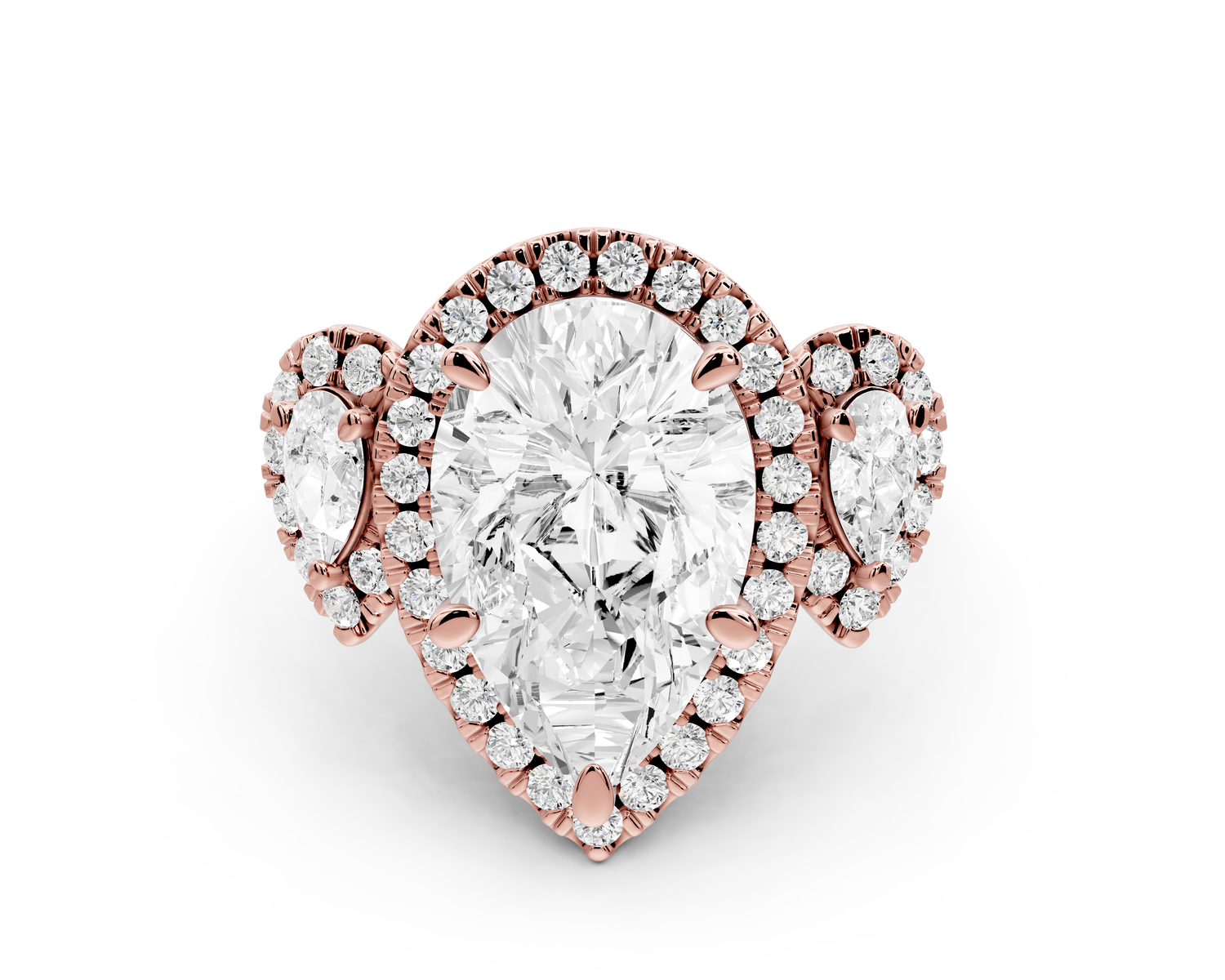 Iris - 4ct 14k rose gold Three stone pear Halo engagement ring