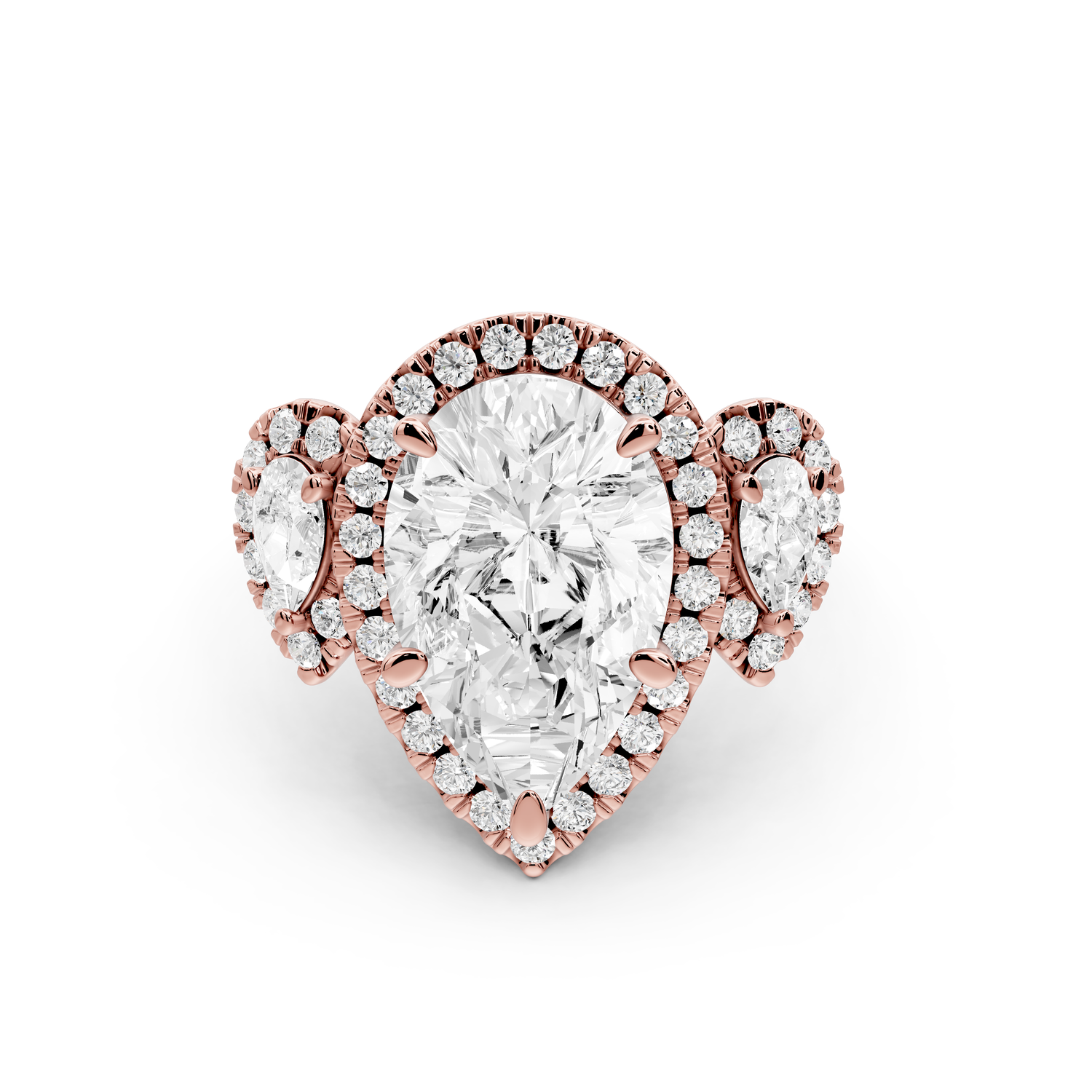 Iris - 4ct 14k rose gold Three stone pear Halo engagement ring