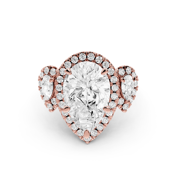 Iris - 4ct 14k rose gold Three stone pear Halo engagement ring