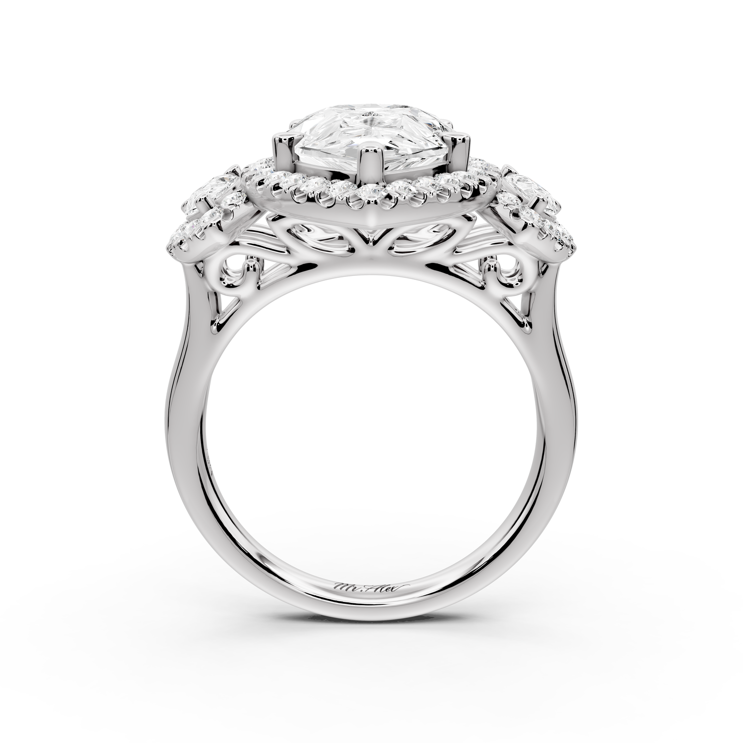 Iris - 4ct 14k white gold Three stone pear Halo engagement ring