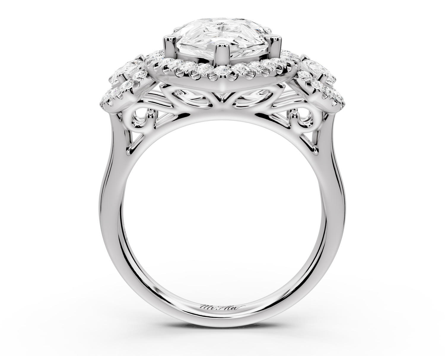 Iris - 4ct 18k white gold Three stone pear Halo engagement ring