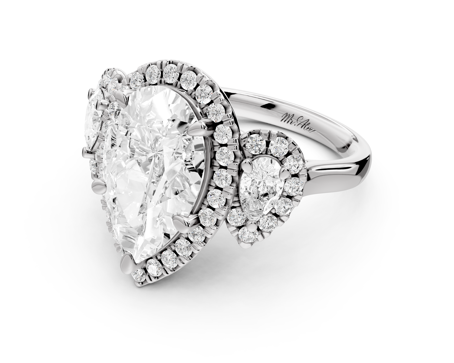 Iris - 4ct 14k white gold Three stone pear Halo engagement ring