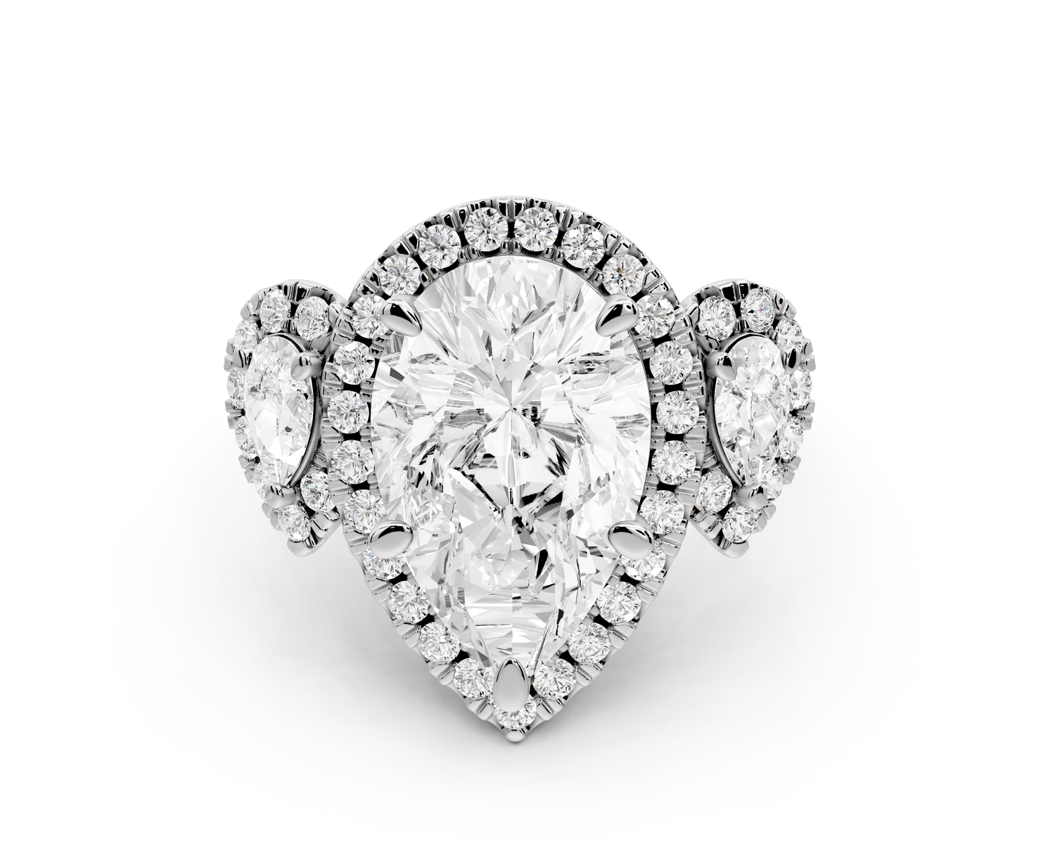 Iris - 4ct 18k white gold Three stone pear Halo engagement ring