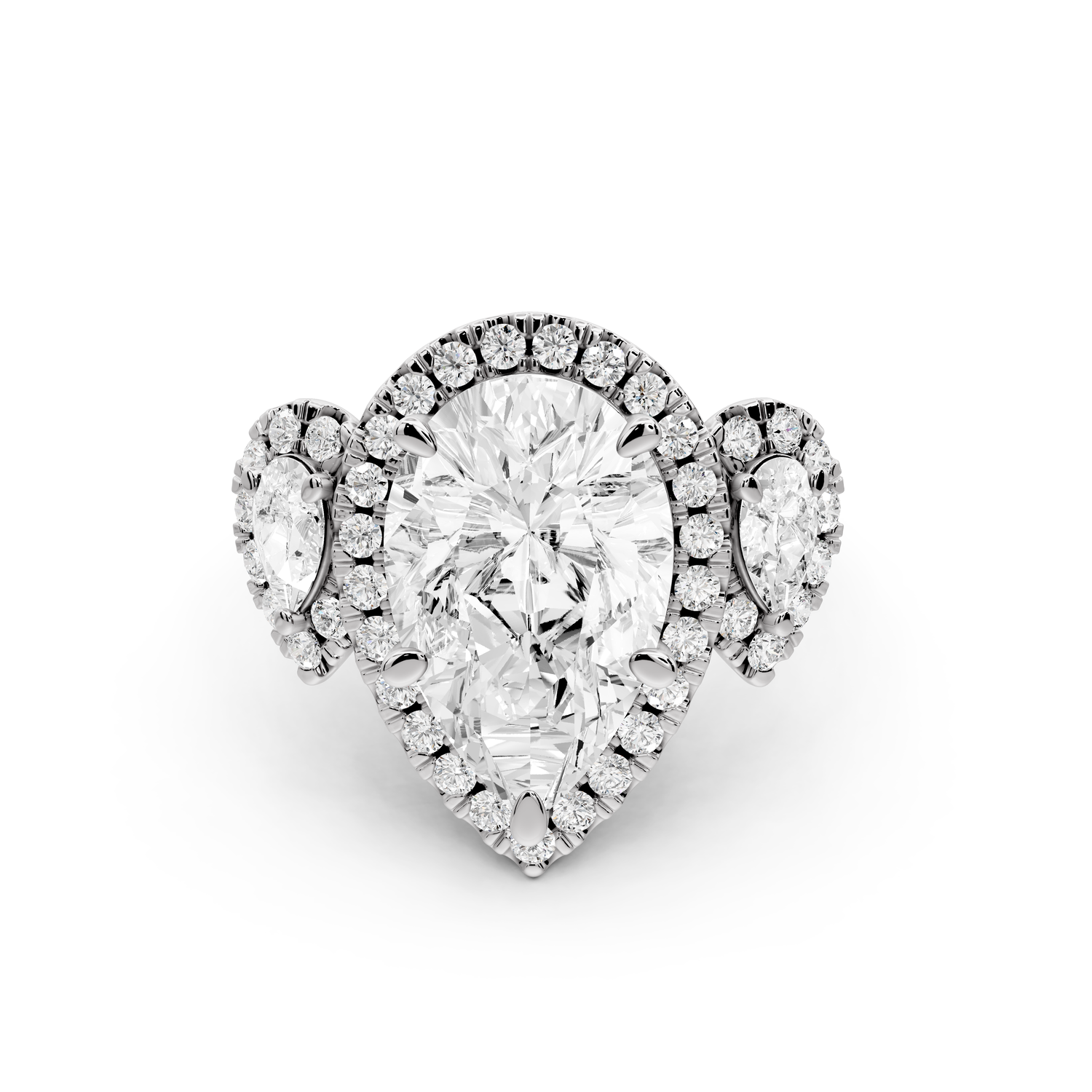 Iris - 4ct 18k white gold Three stone pear Halo engagement ring