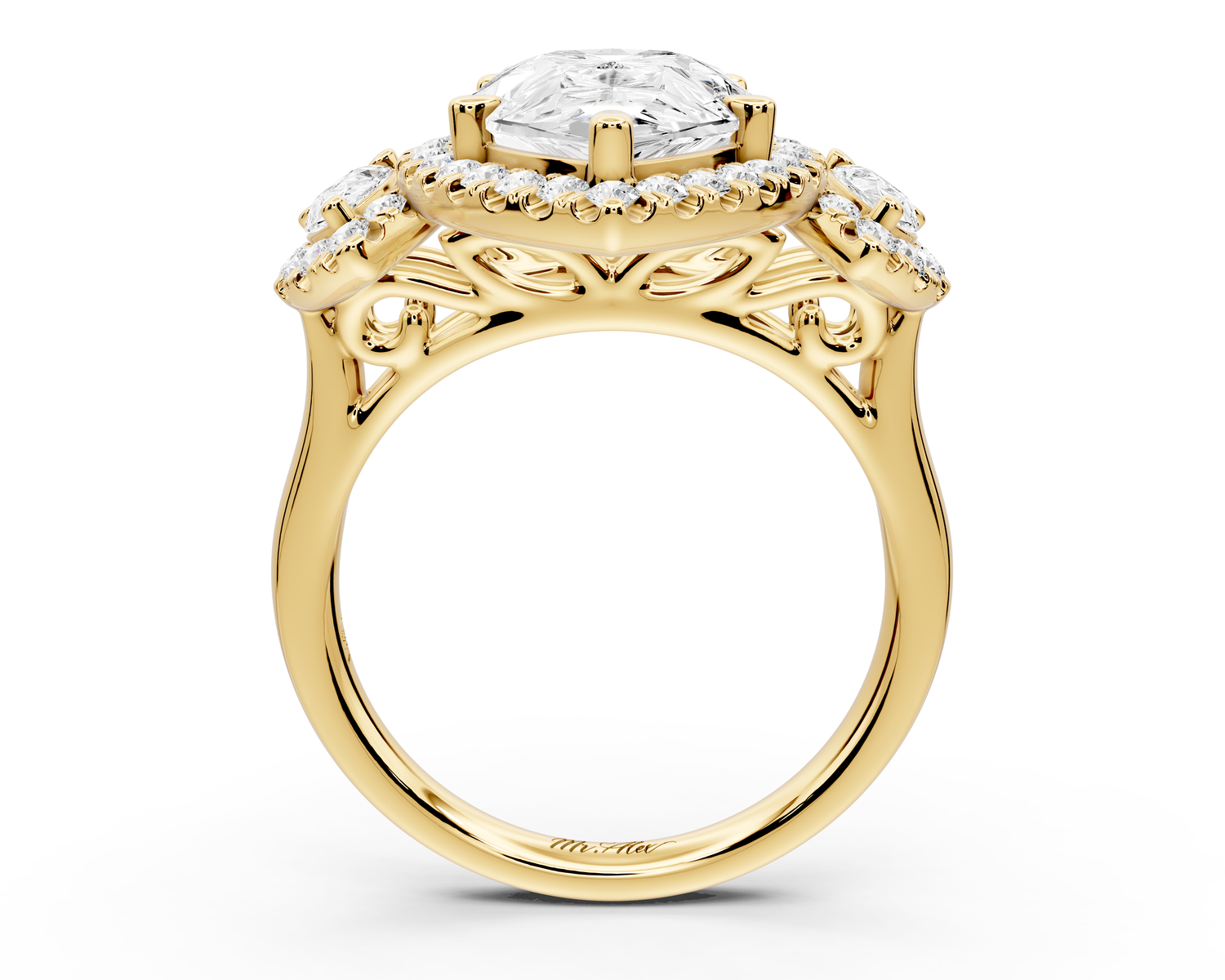 Iris - 4ct 14k yellow gold Three stone pear Halo engagement ring