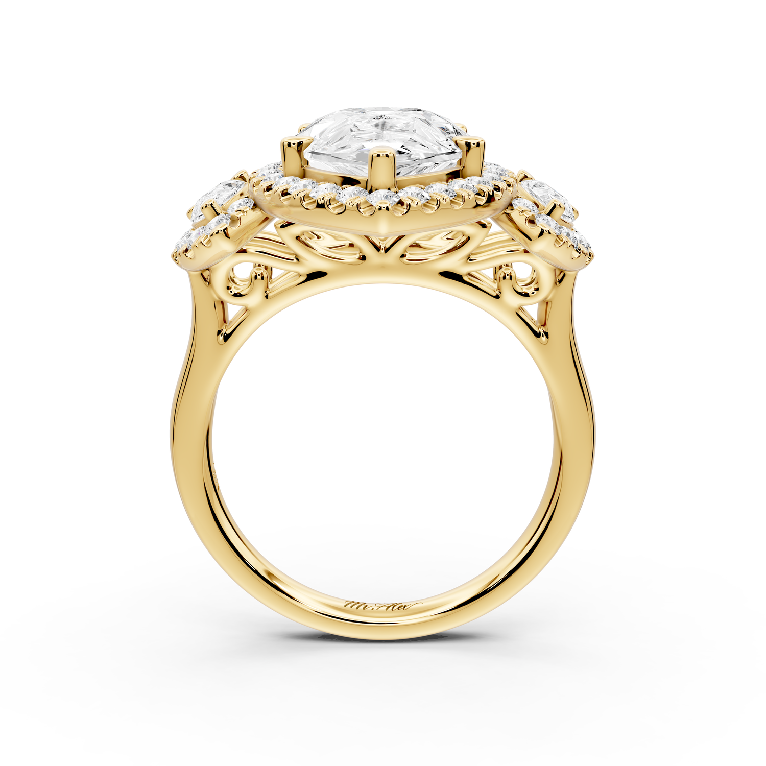 Iris - 4ct 14k yellow gold Three stone pear Halo engagement ring