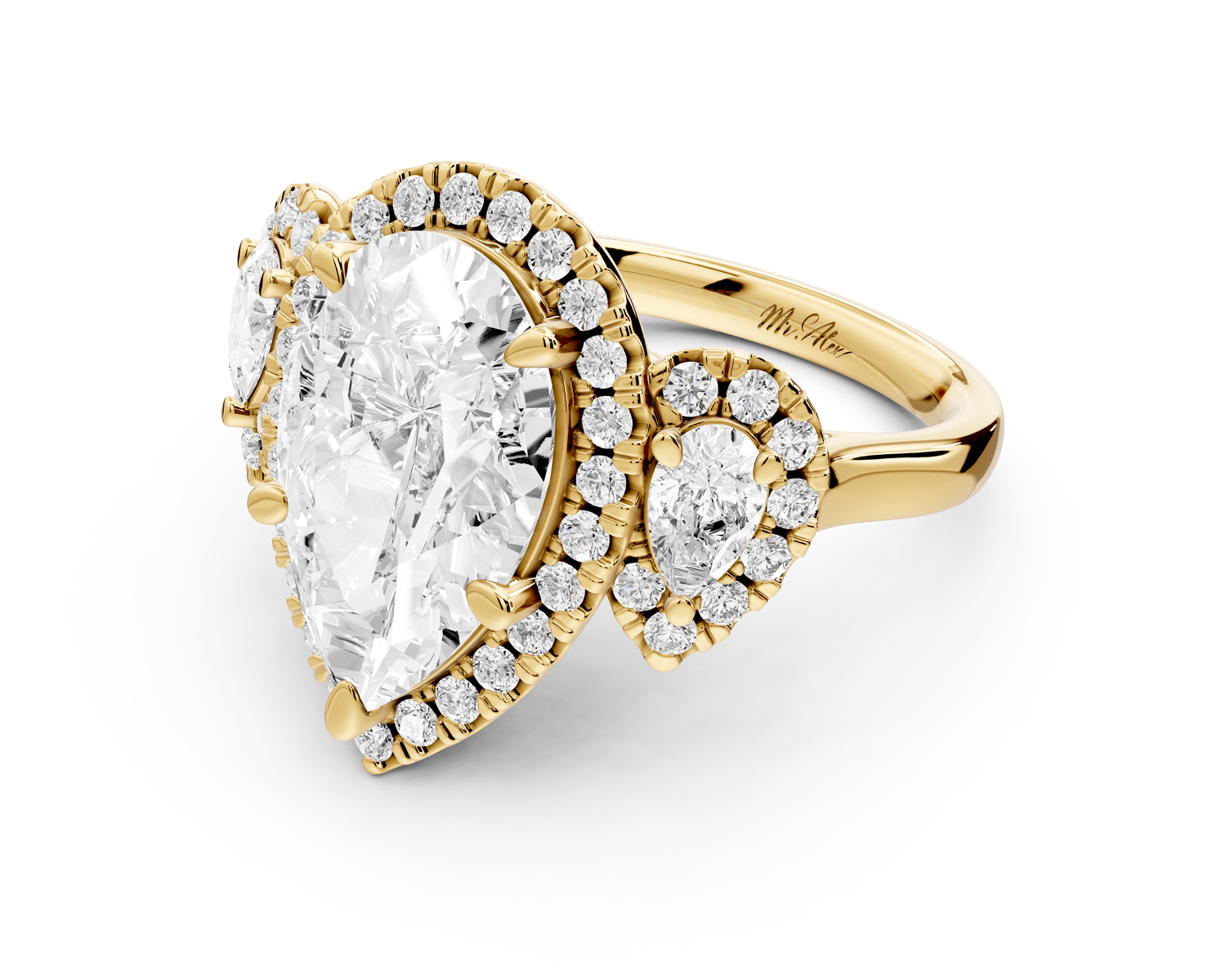 Iris - 4ct 14k yellow gold Three stone pear Halo engagement ring
