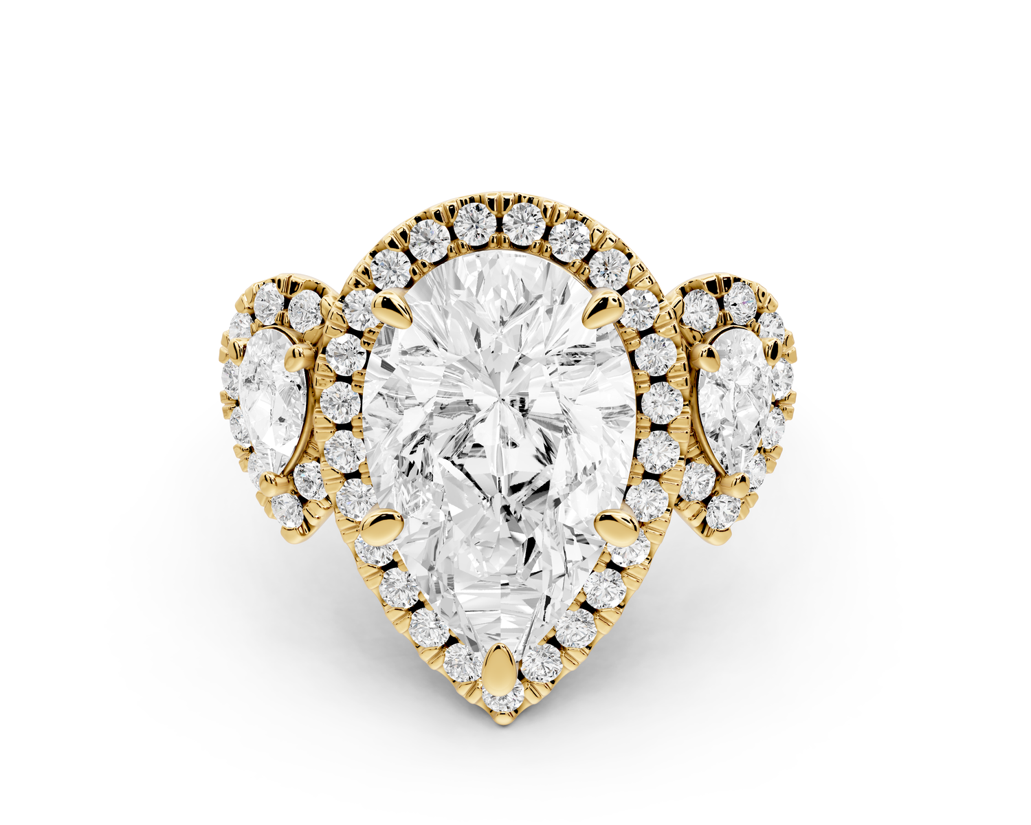 Iris - 4ct 14k yellow gold Three stone pear Halo engagement ring