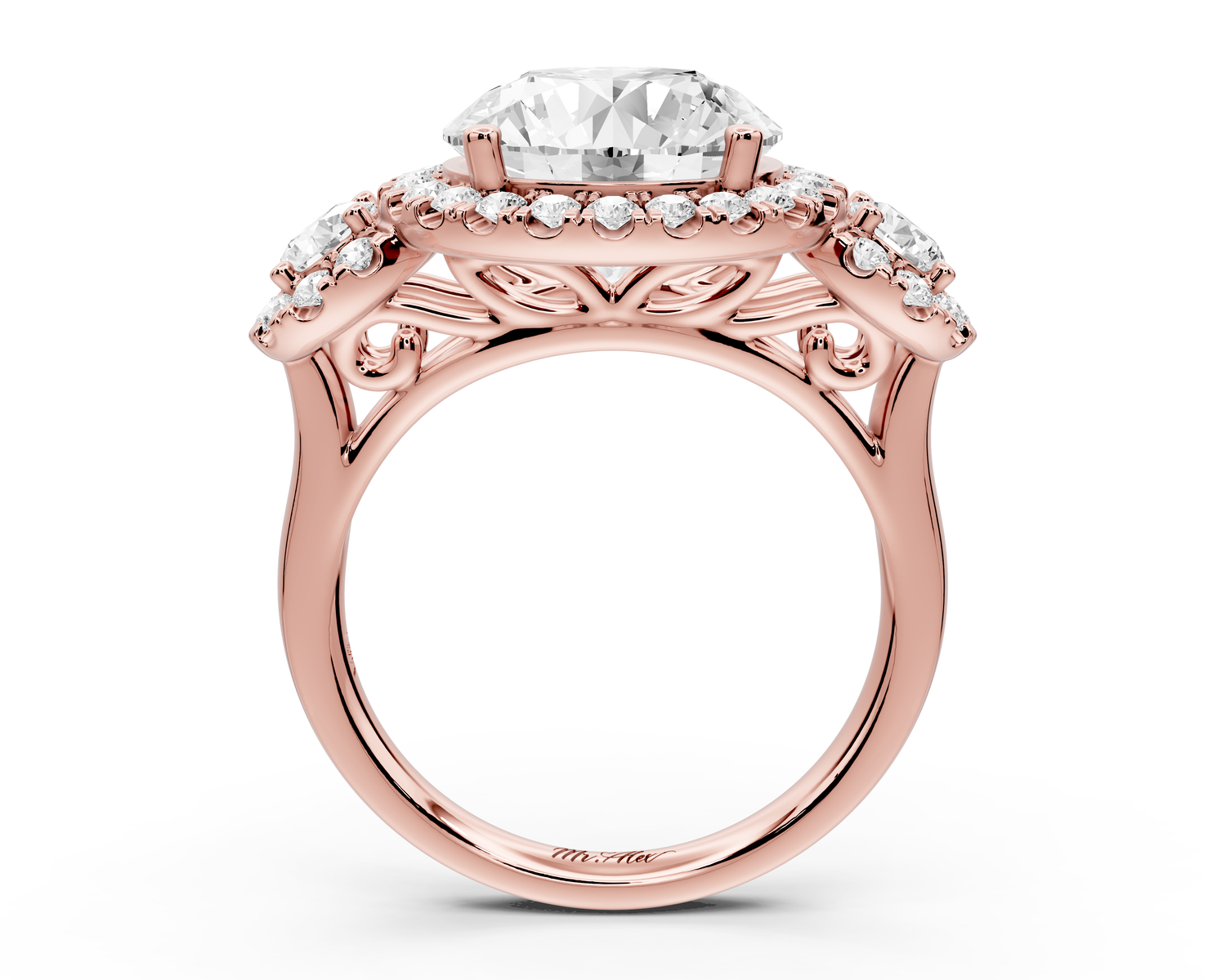 Iris - 4ct 14k rose gold Three stone round Halo engagement ring