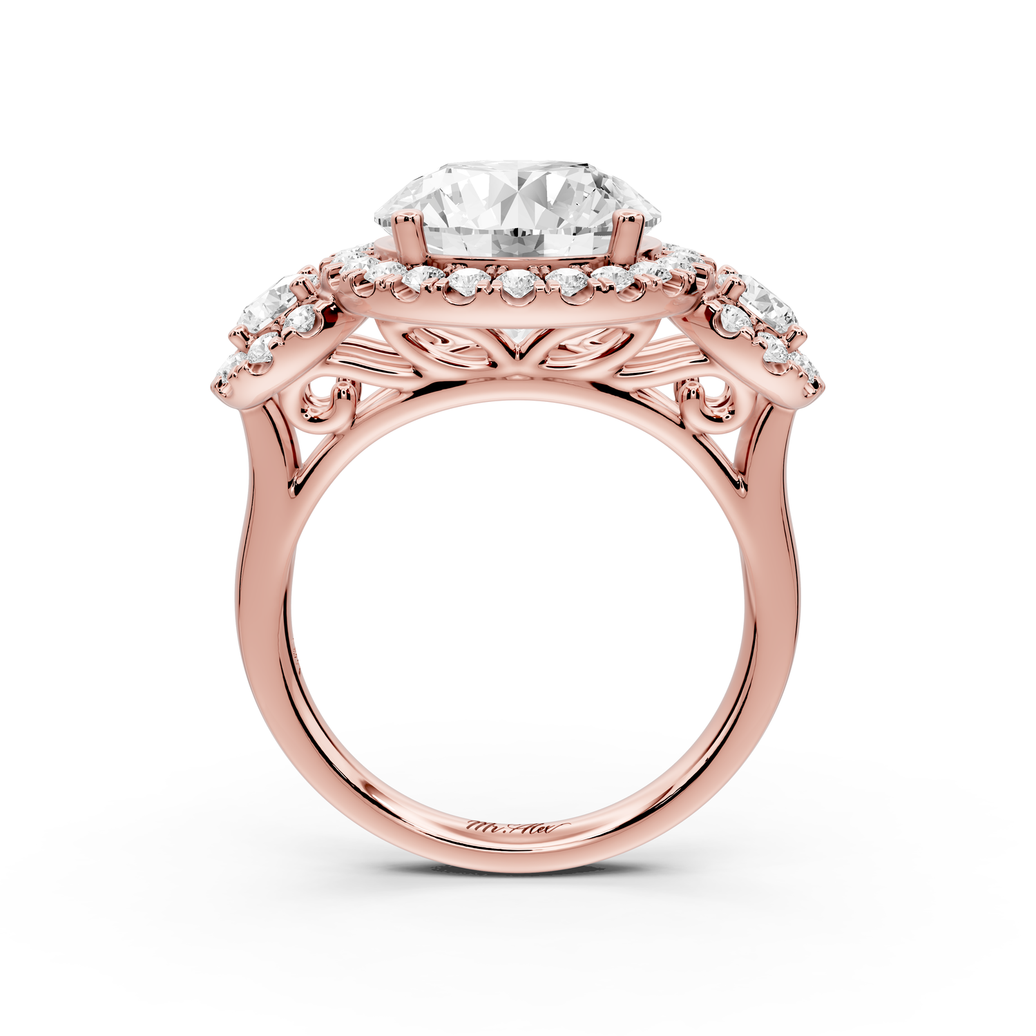 Iris - 4ct 14k rose gold Three stone round Halo engagement ring