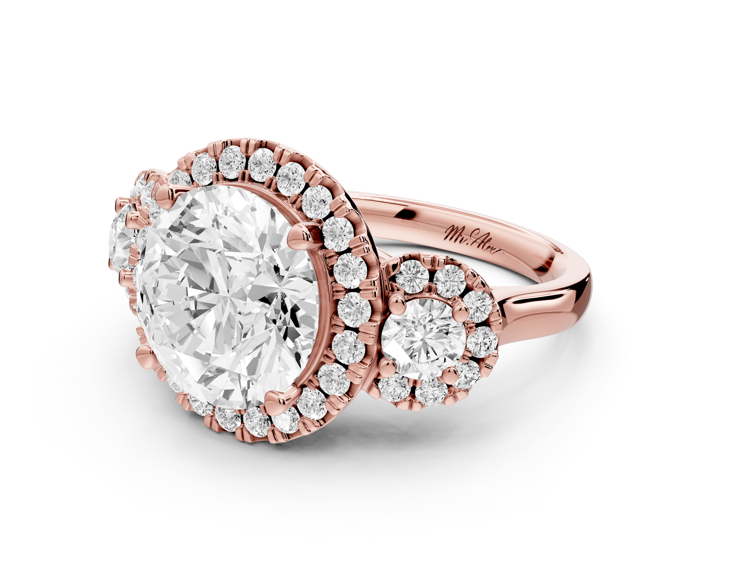 Iris - 4ct 14k rose gold Three stone round Halo engagement ring