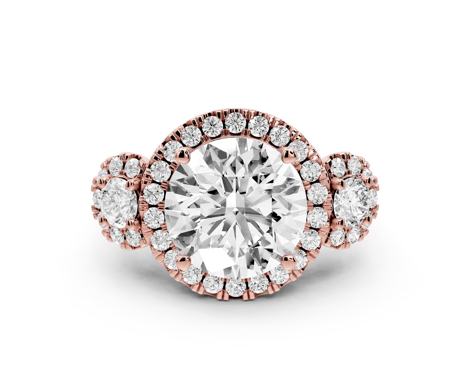 Iris - 4ct 14k rose gold Three stone round Halo engagement ring