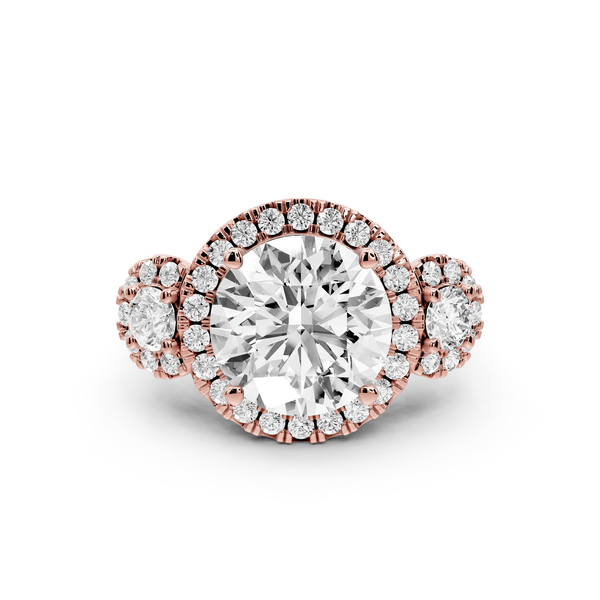 Iris - 4ct 14k rose gold Three stone round Halo engagement ring