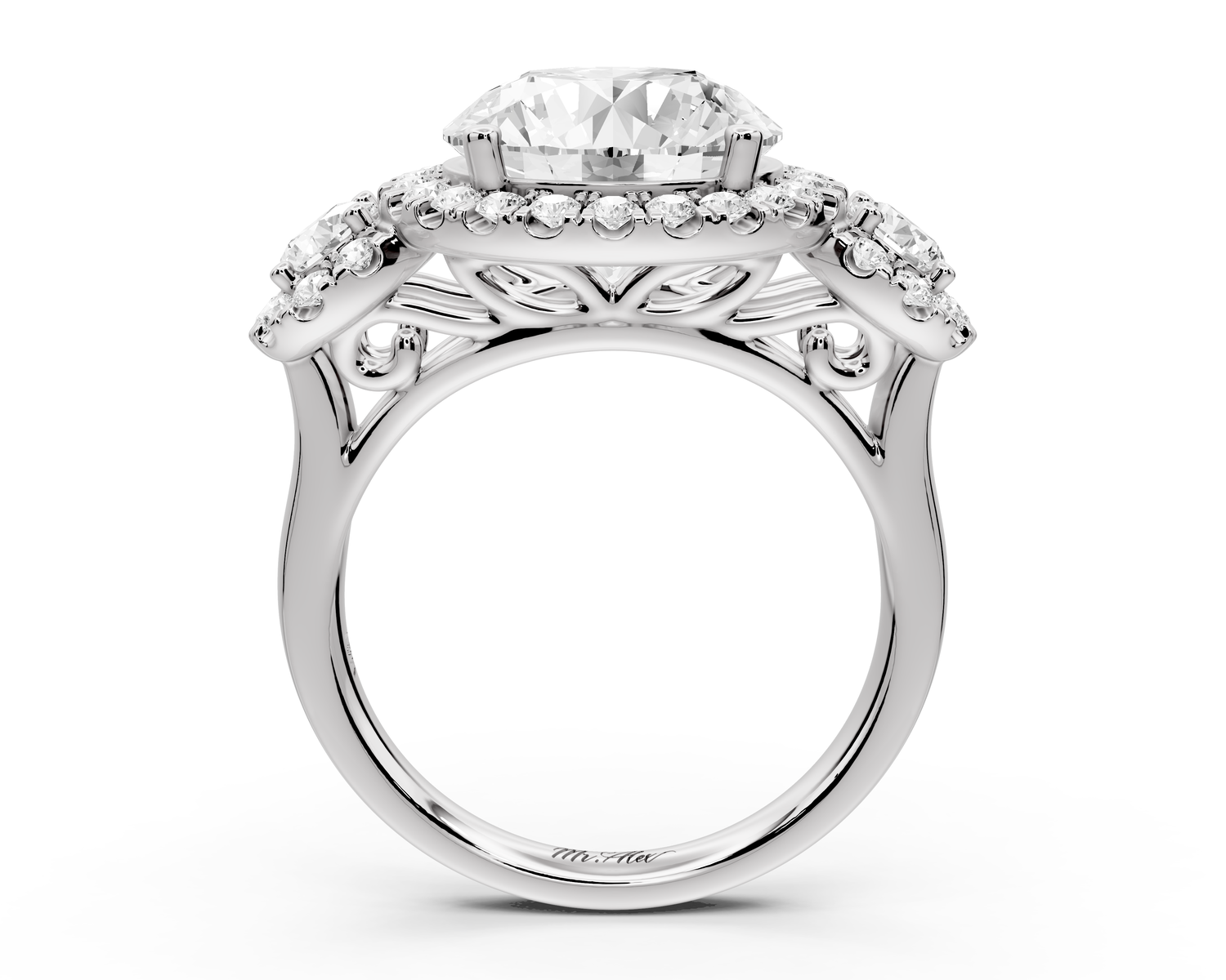 Iris - 4ct 14k white gold Three stone round Halo engagement ring