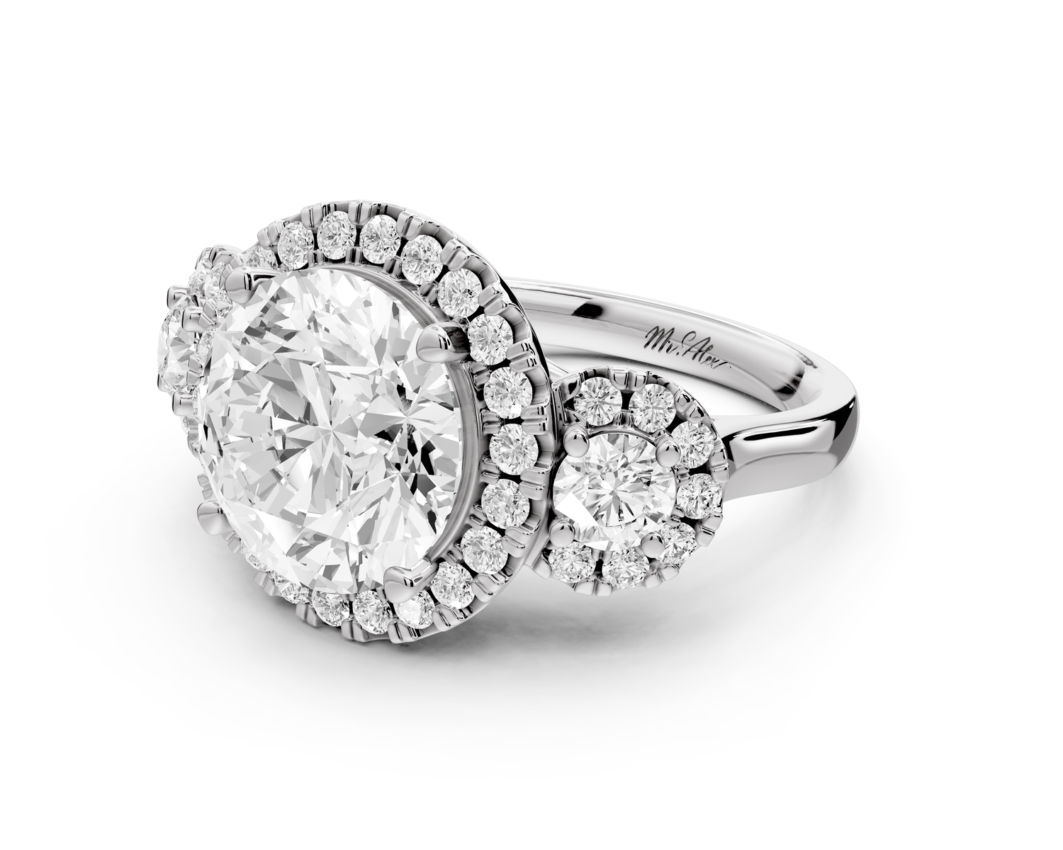 Iris - 4ct 14k white gold Three stone round Halo engagement ring