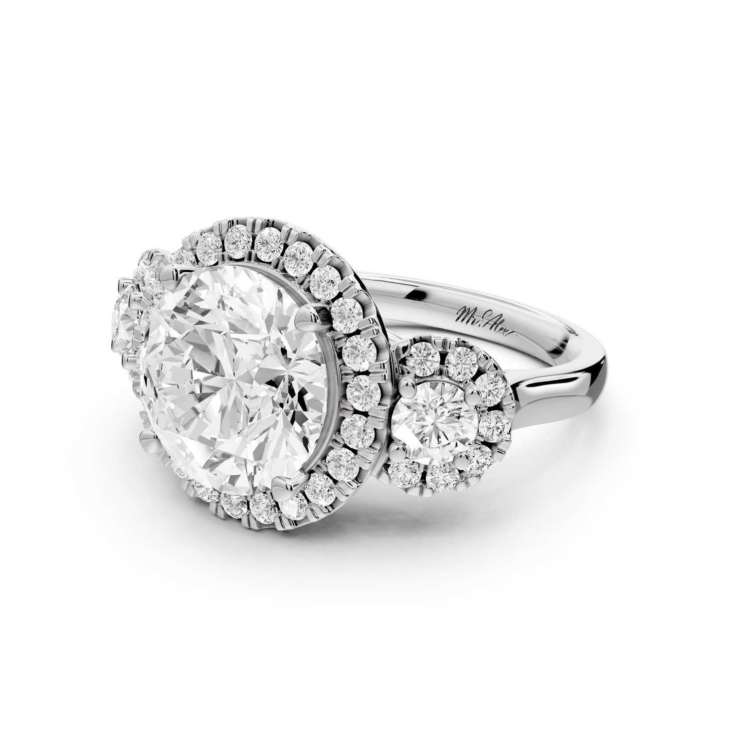 Iris - 4ct 14k white gold Three stone round Halo engagement ring
