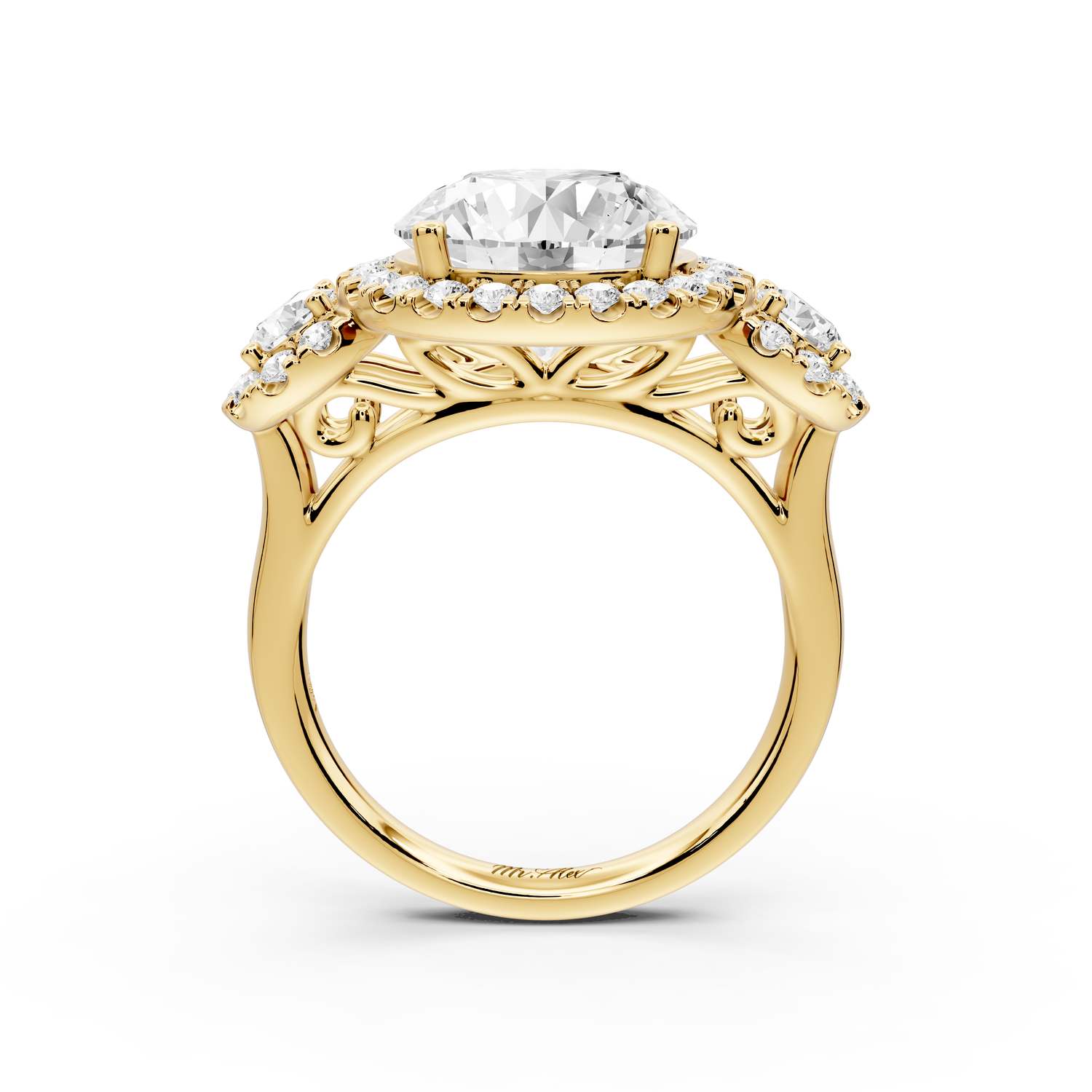 Iris - 4ct 14k yellow gold Three stone round Halo engagement ring