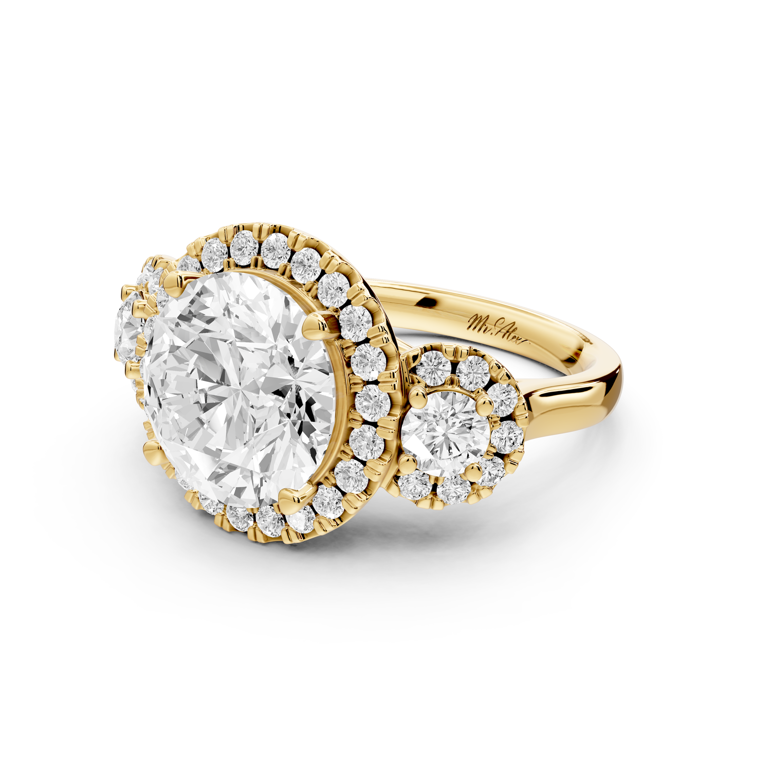 Iris - 4ct 14k yellow gold Three stone round Halo engagement ring
