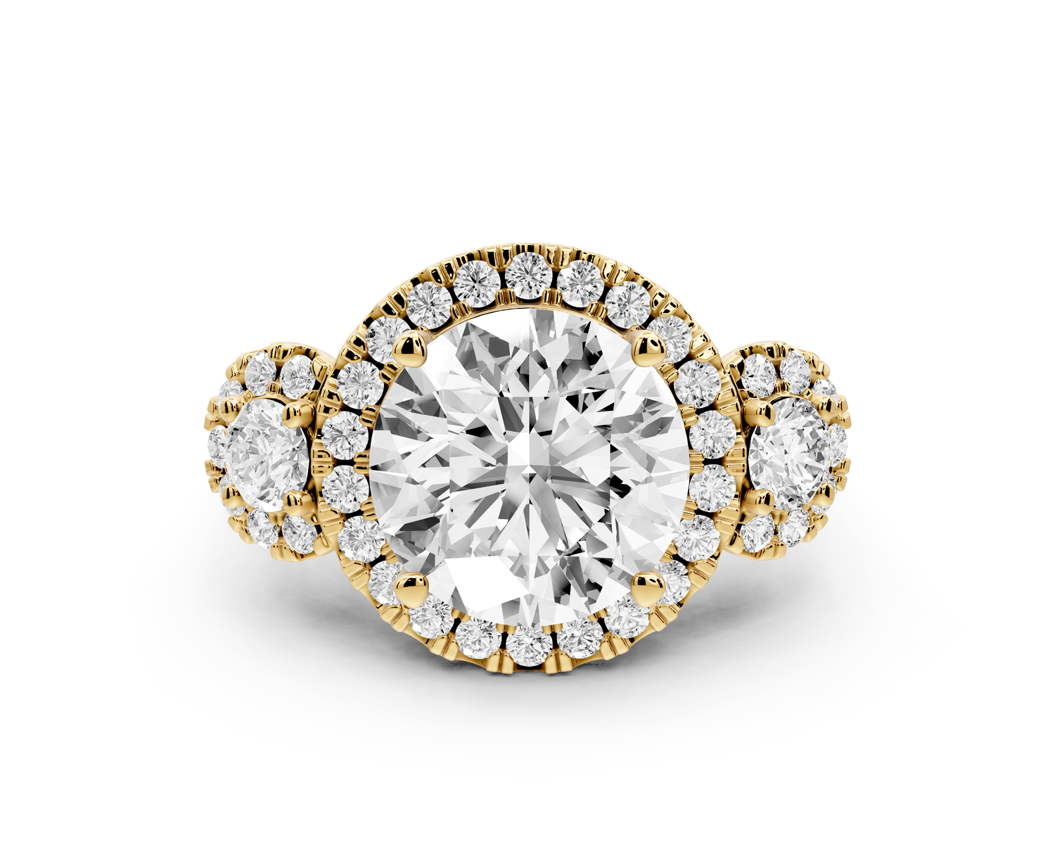 Iris - 4ct 14k yellow gold Three stone round Halo engagement ring