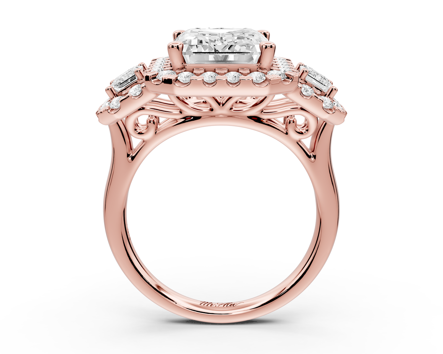 Iris - 5ct 14k rose gold Three stone emerald Halo engagement ring
