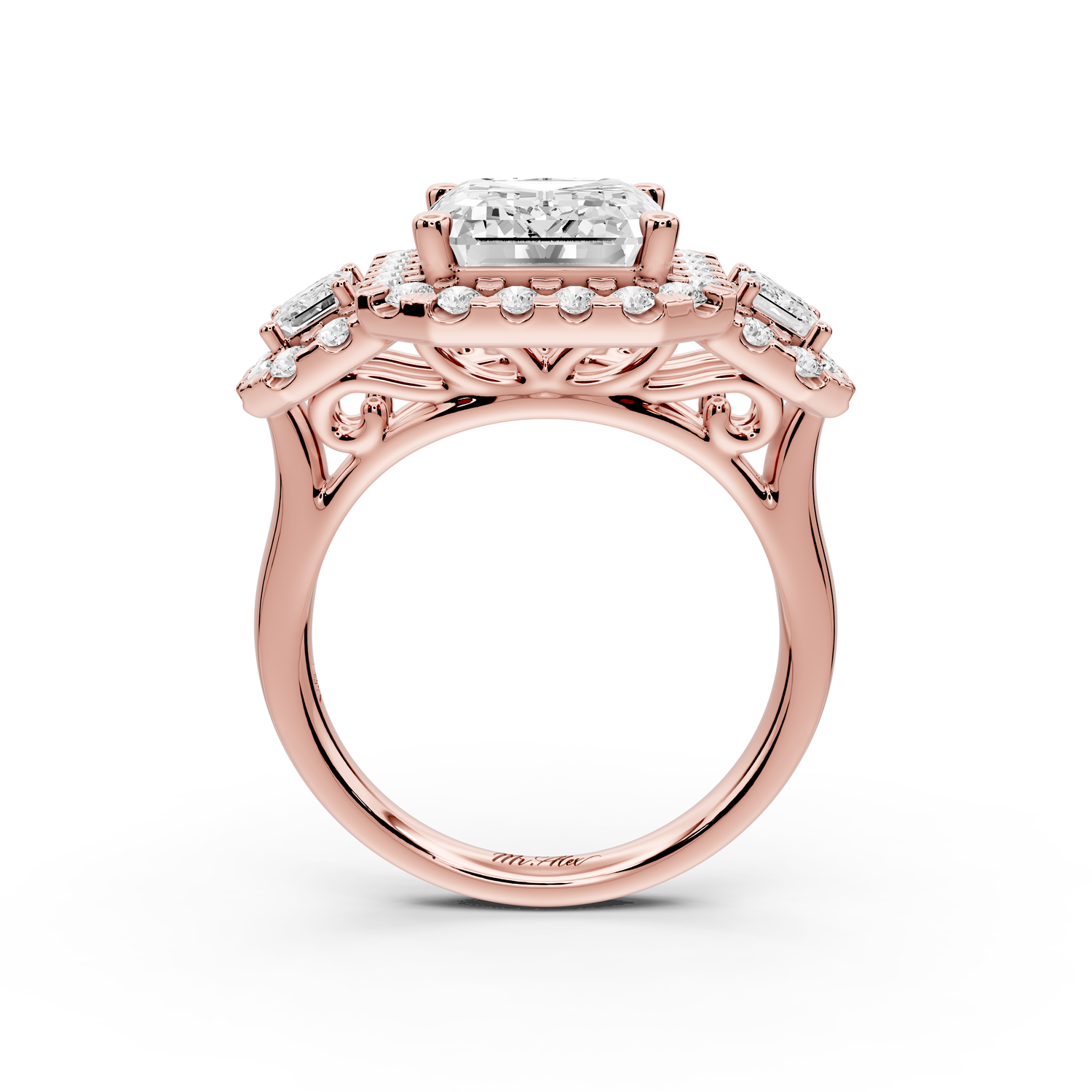 Iris - 5ct 14k rose gold Three stone emerald Halo engagement ring