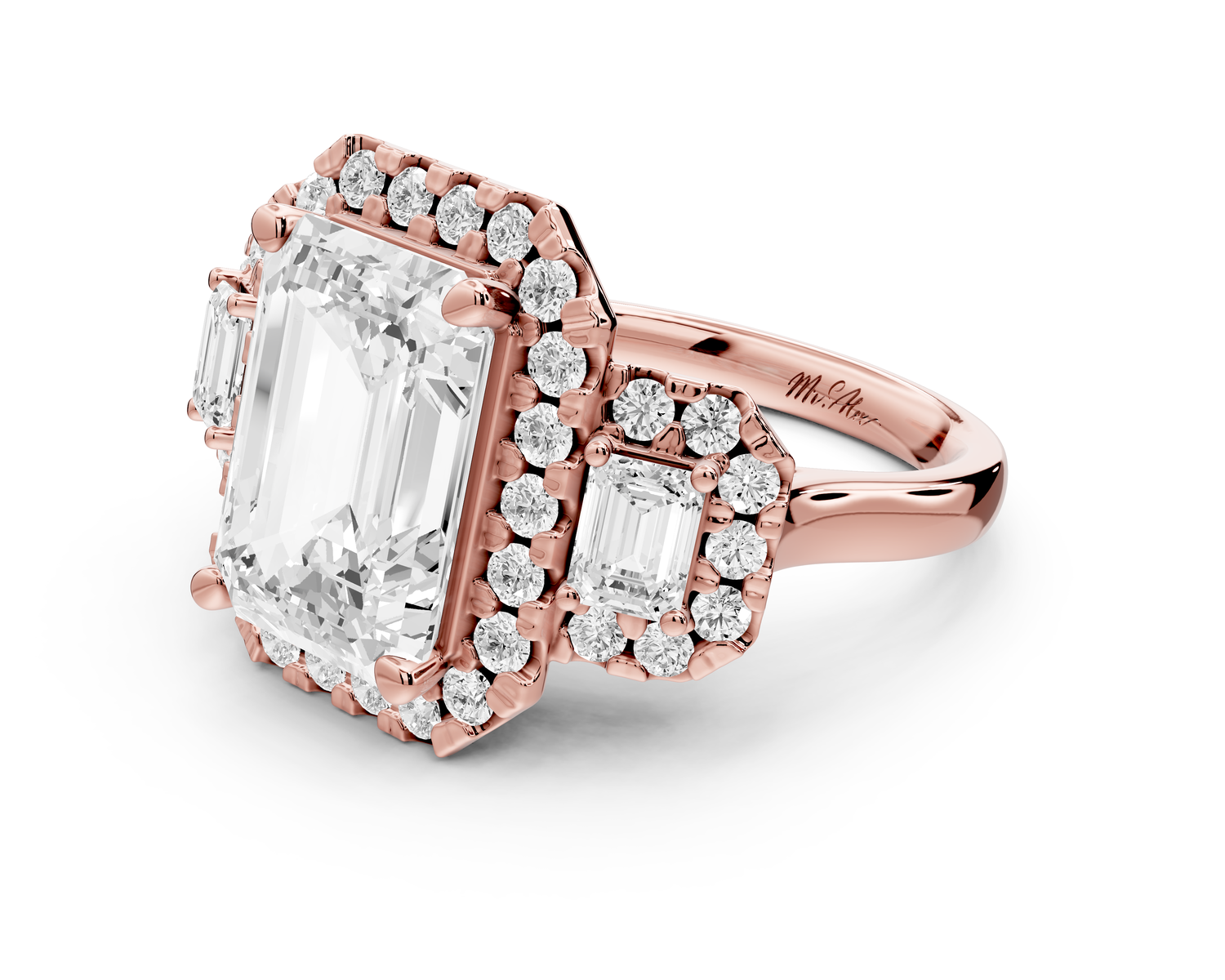 Iris - 5ct 14k rose gold Three stone emerald Halo engagement ring