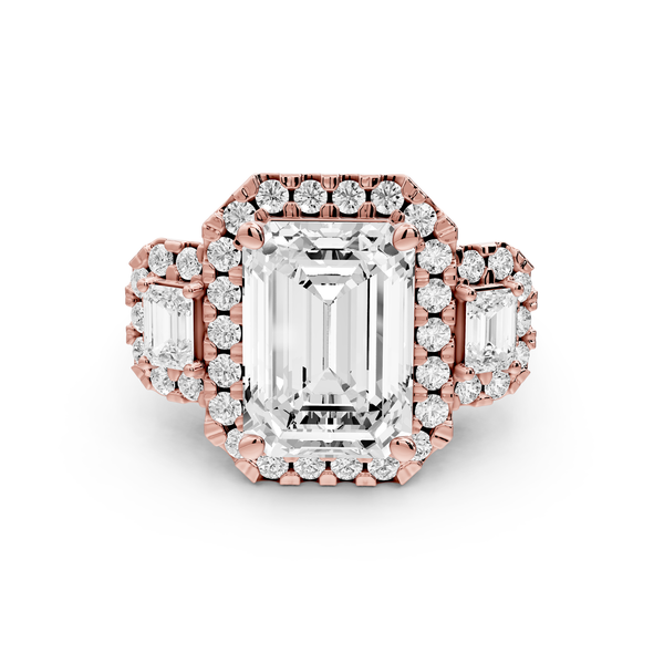 Iris - 5ct 14k rose gold Three stone emerald Halo engagement ring