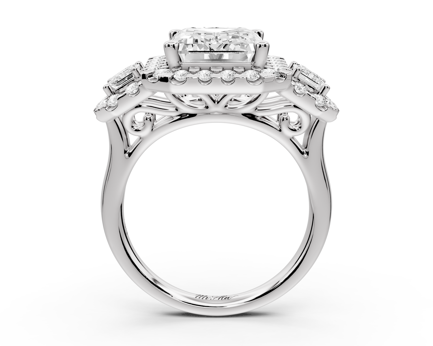 Iris - 5ct 14k white gold Three stone emerald Halo engagement ring