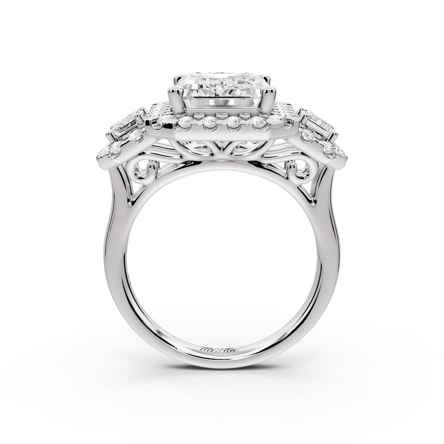 Iris - 5ct 14k white gold Three stone emerald Halo engagement ring
