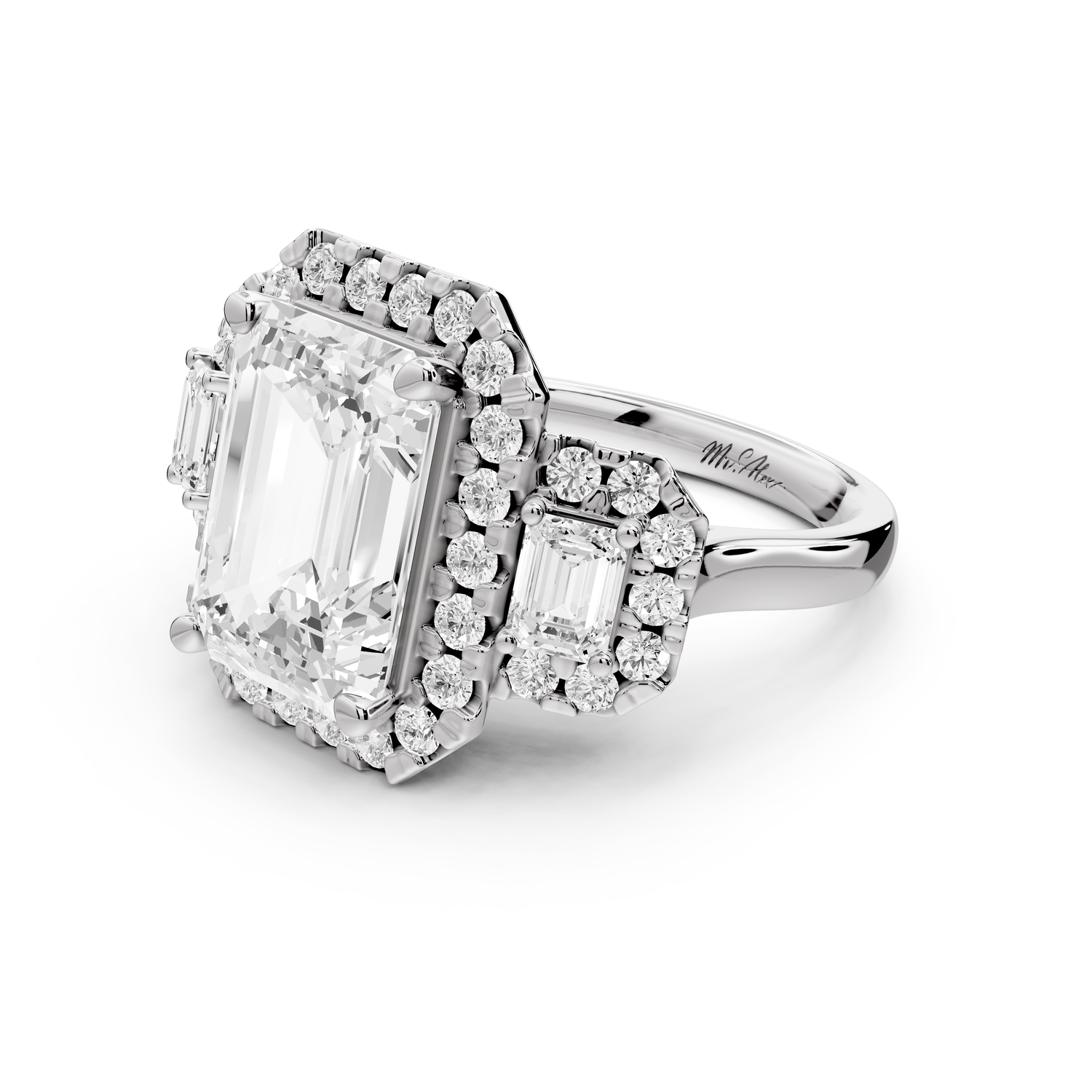 Iris - 5ct 14k white gold Three stone emerald Halo engagement ring