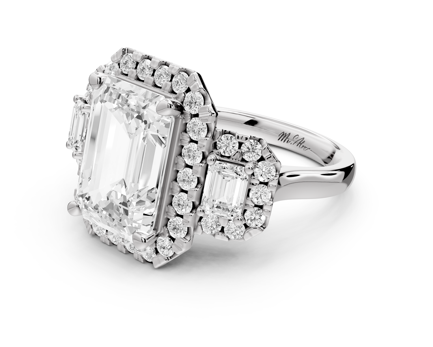 Iris - 5ct 18k white gold Three stone emerald Halo engagement ring