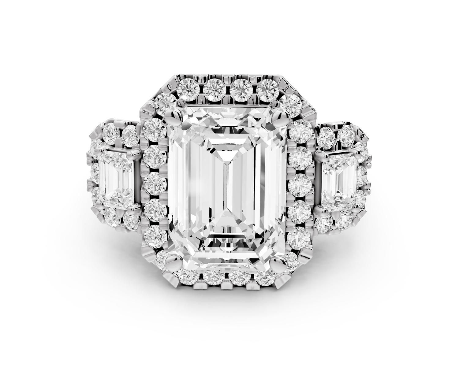 Iris - 5ct 14k white gold Three stone emerald Halo engagement ring