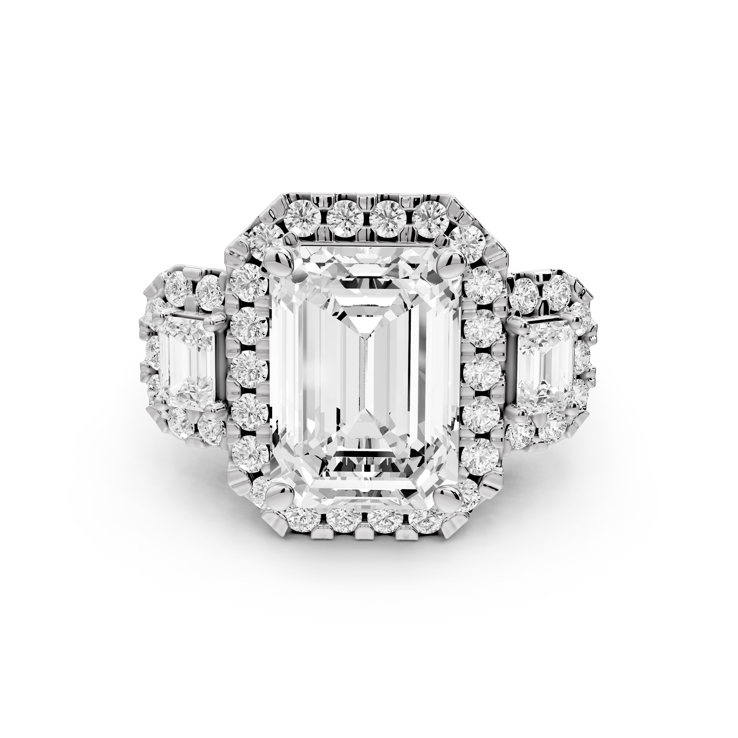 Iris - 5ct 14k white gold Three stone emerald Halo engagement ring