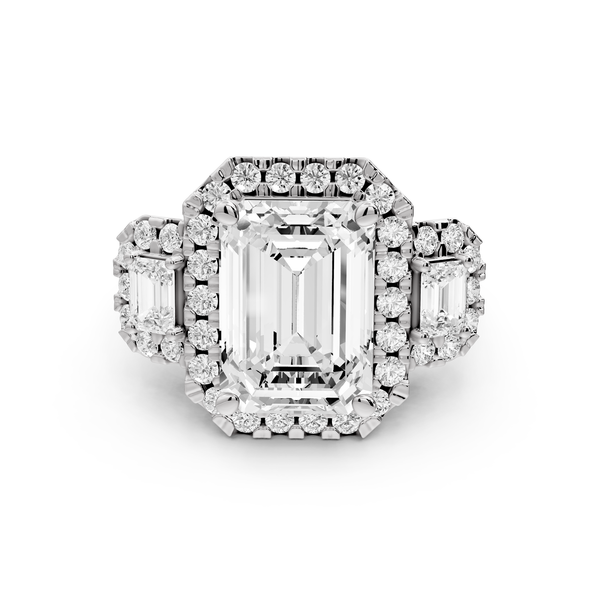 Iris - 5ct 14k white gold Three stone emerald Halo engagement ring