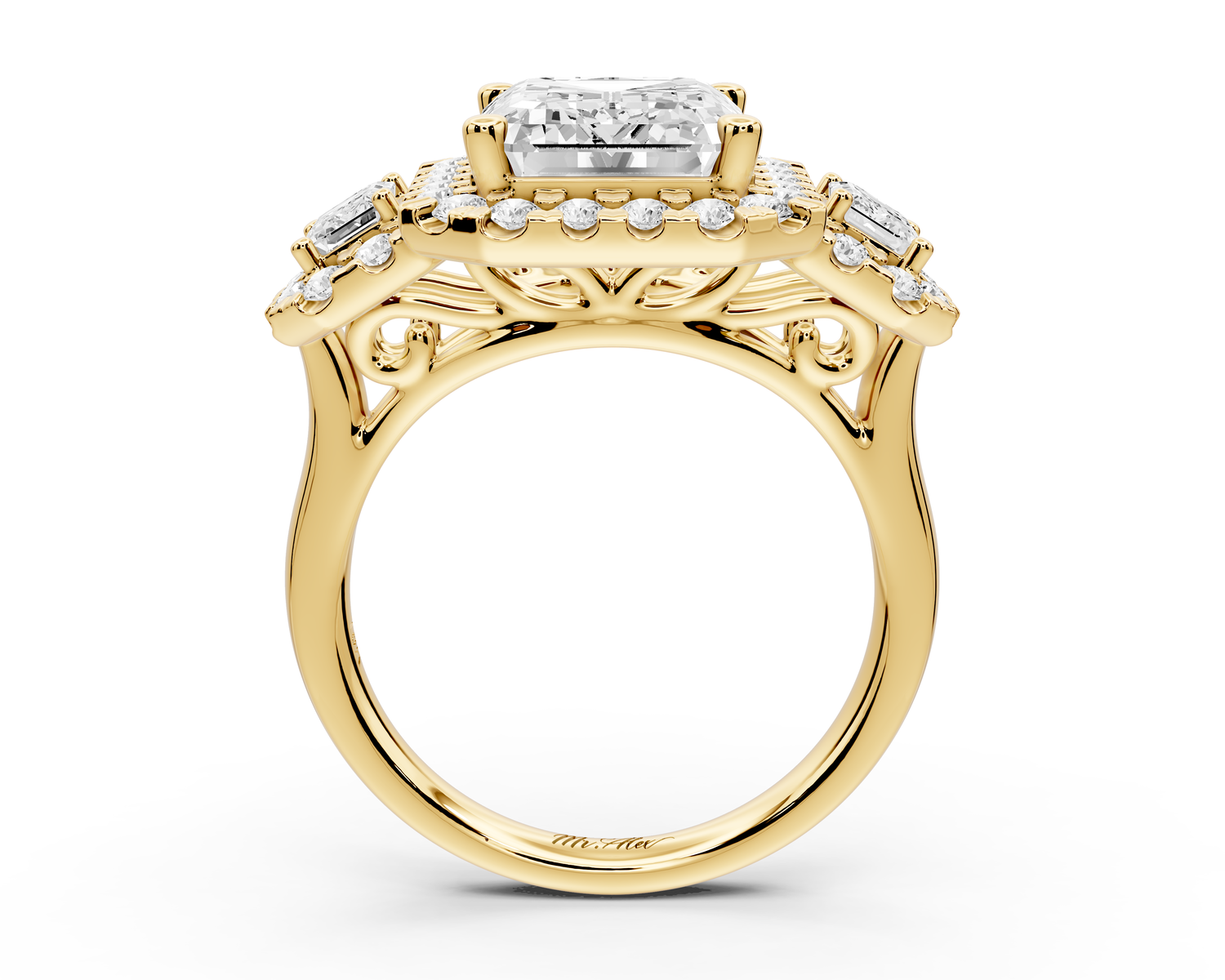 Iris - 5ct 14k yellow gold Three stone emerald Halo engagement ring