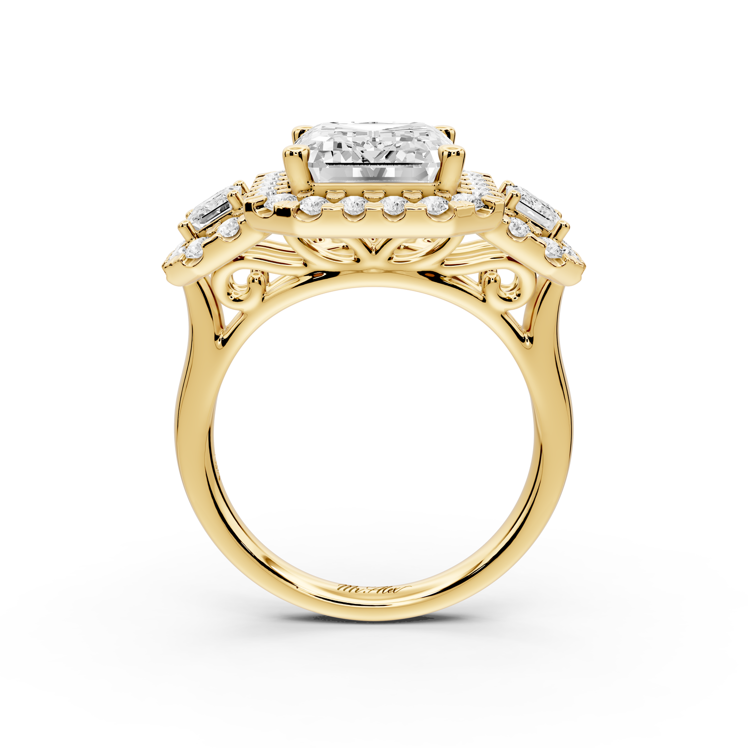 Iris - 5ct 14k yellow gold Three stone emerald Halo engagement ring