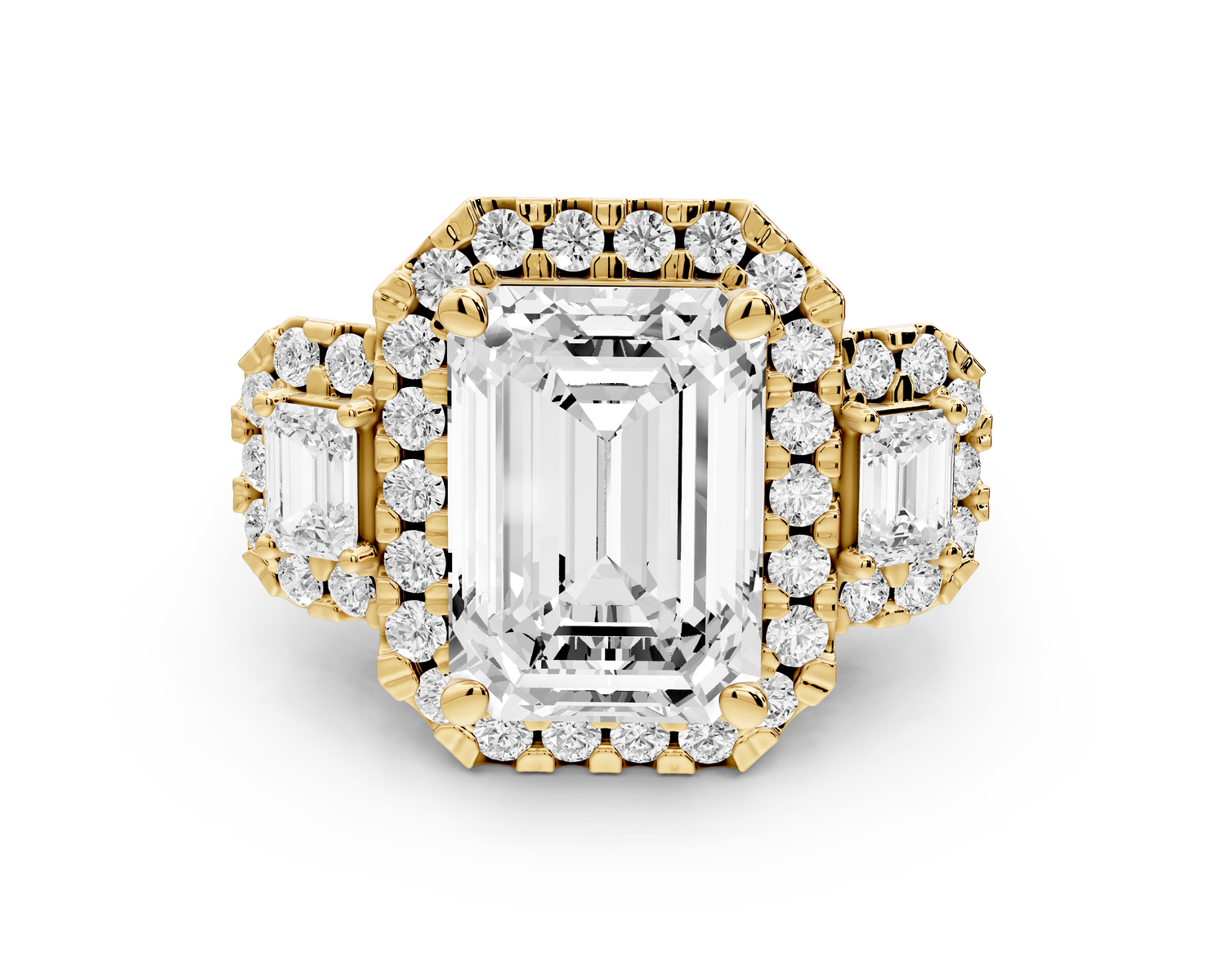 Iris - 5ct 14k yellow gold Three stone emerald Halo engagement ring