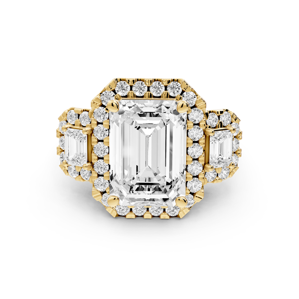 Iris - 5ct 14k yellow gold Three stone emerald Halo engagement ring