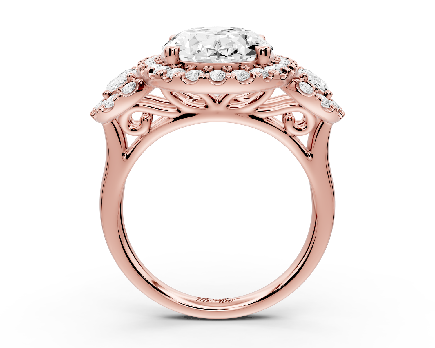 Iris - 5ct 14k rose gold Three stone oval Halo engagement ring