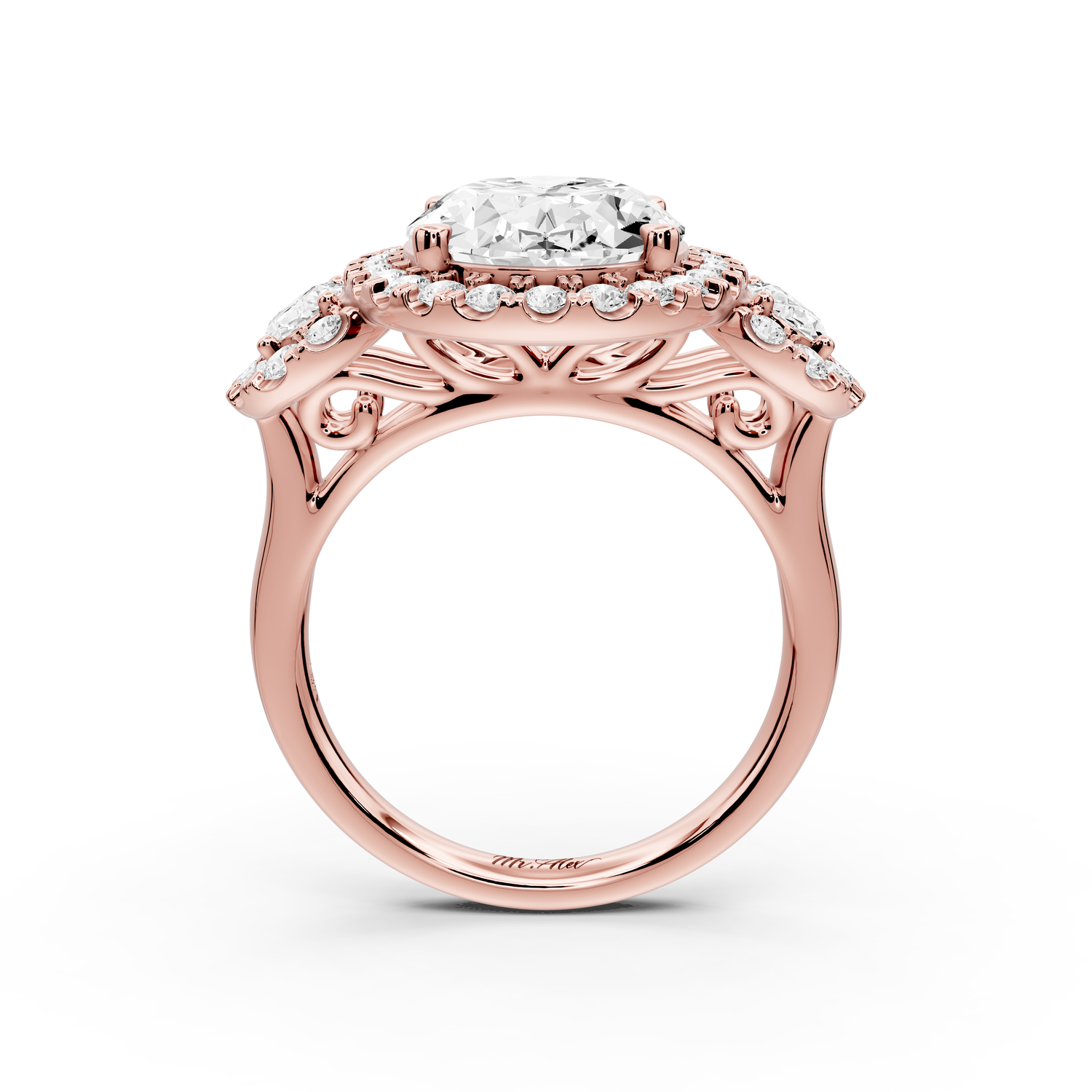 Iris - 5ct 14k rose gold Three stone oval Halo engagement ring