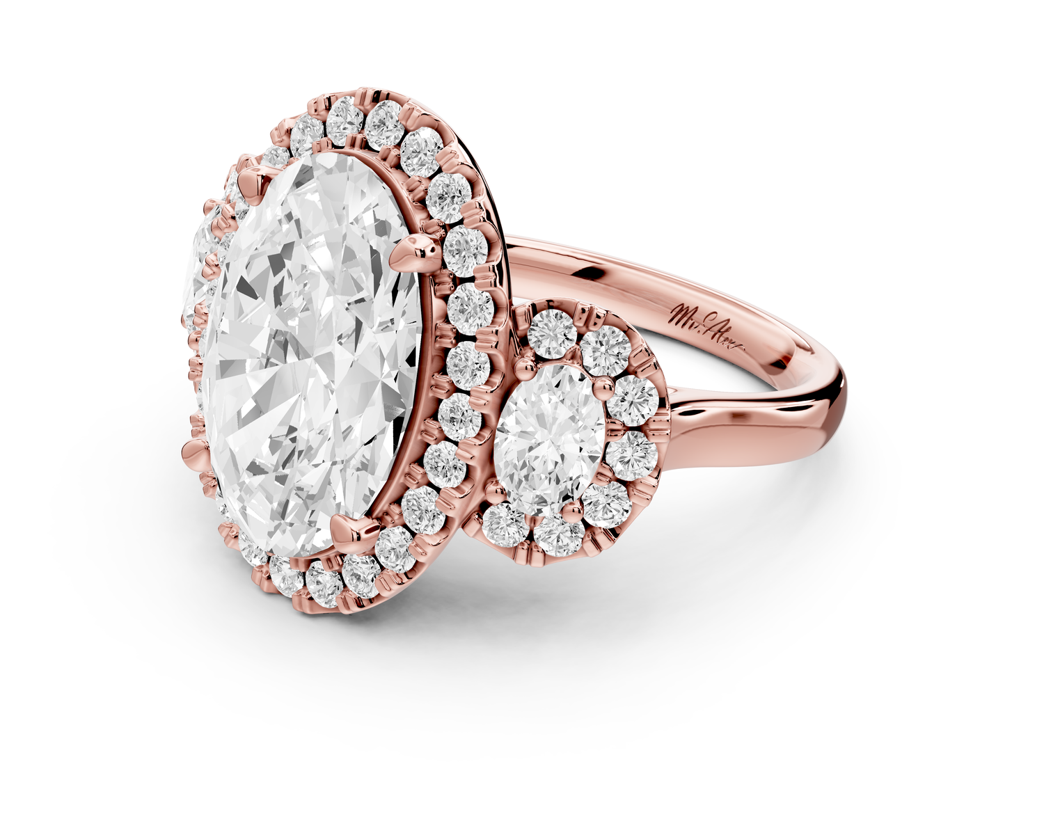 Iris - 5ct 14k rose gold Three stone oval Halo engagement ring
