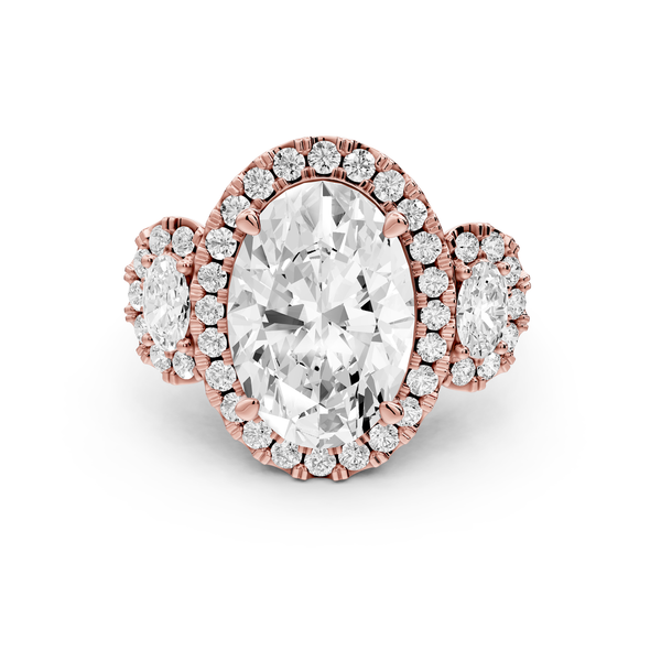 Iris - 5ct 14k rose gold Three stone oval Halo engagement ring
