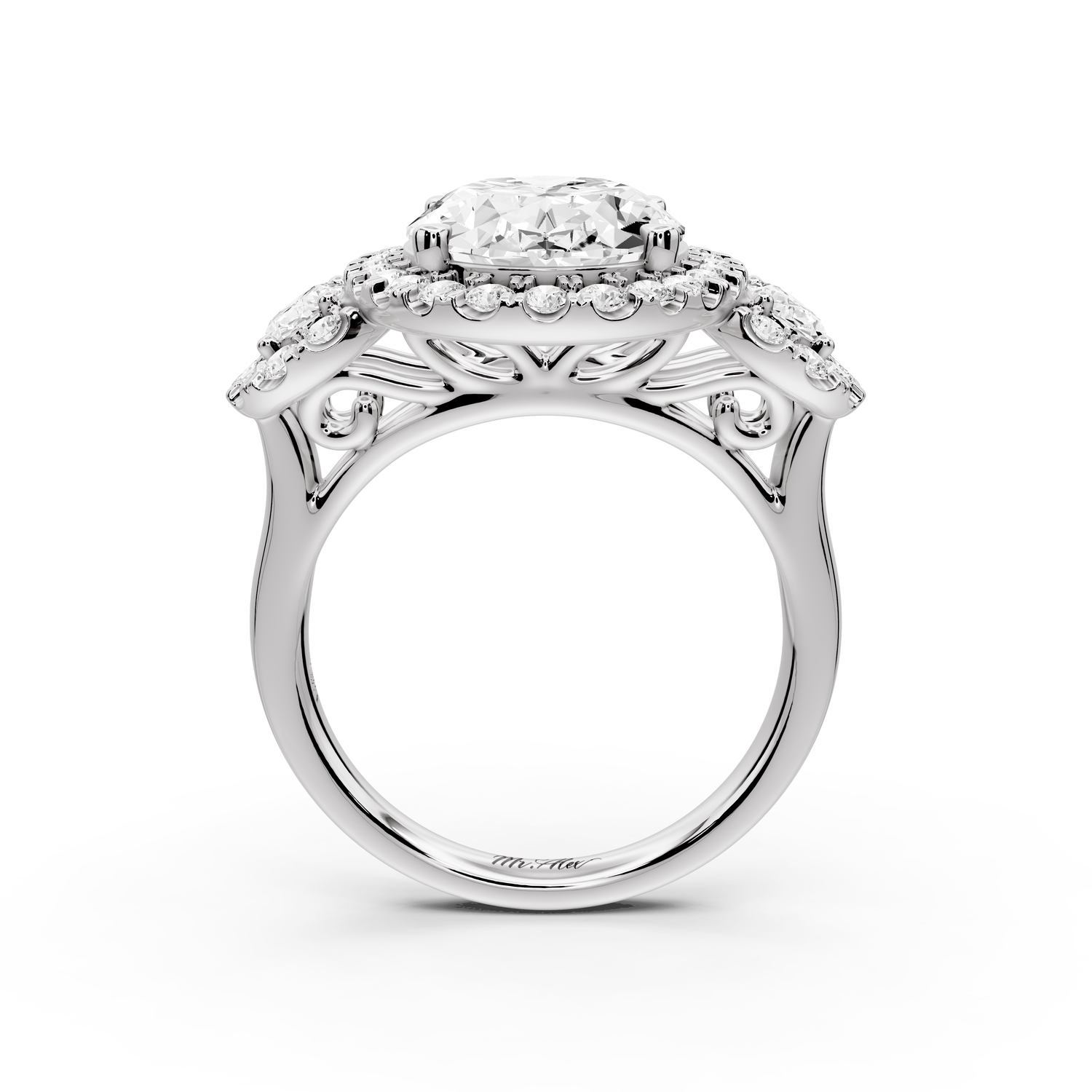 Iris - 5ct 14k white gold Three stone oval Halo engagement ring