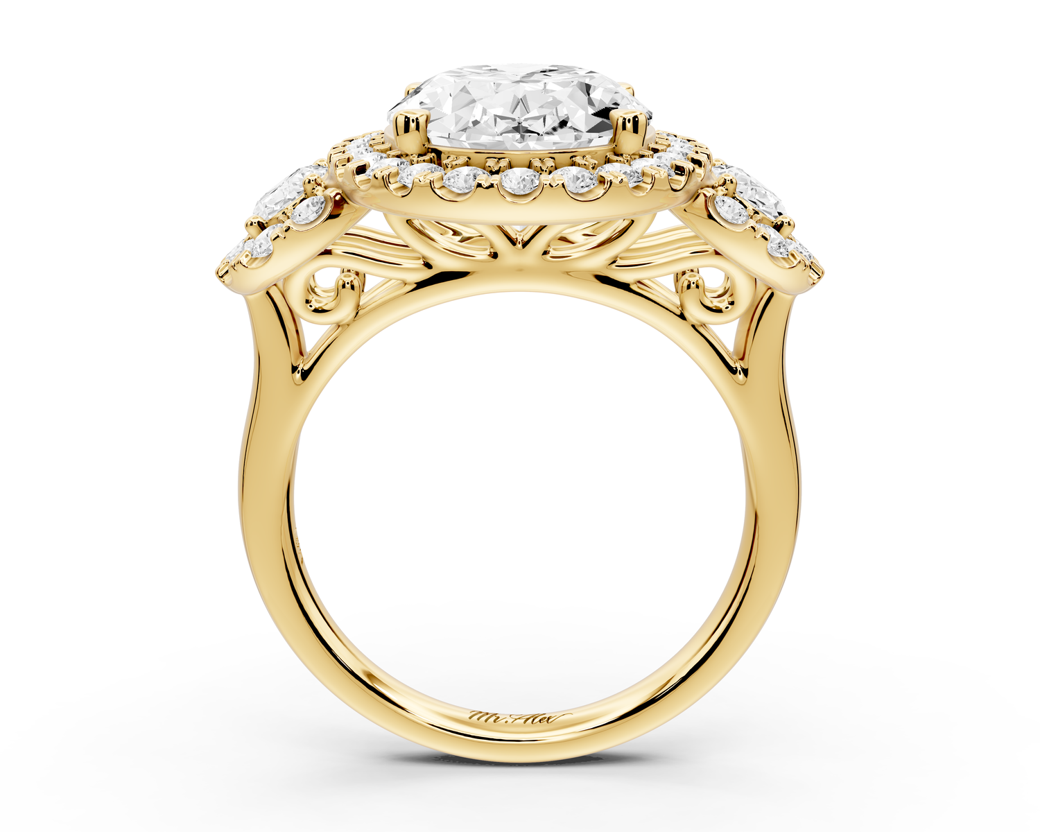 Iris - 5ct 14k yellow gold Three stone oval Halo engagement ring