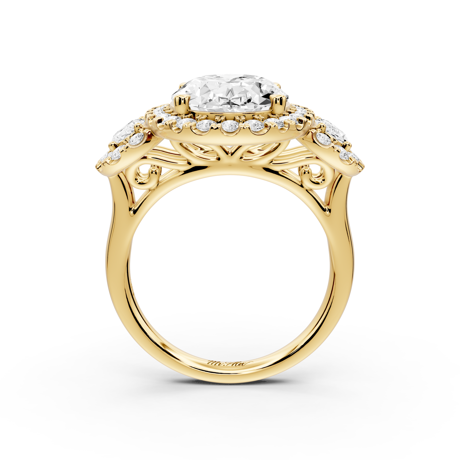 Iris - 5ct 14k yellow gold Three stone oval Halo engagement ring