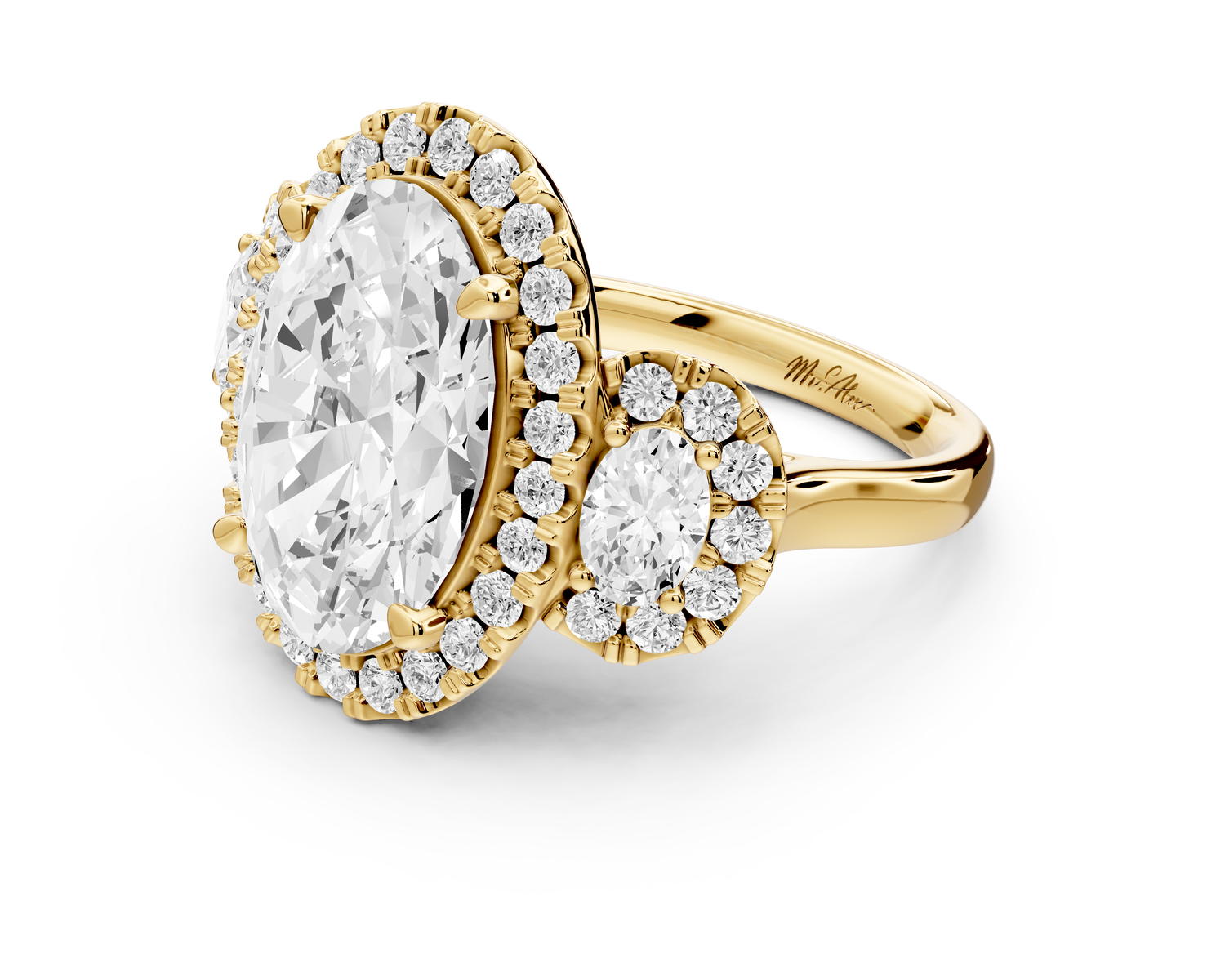 Iris - 5ct 14k yellow gold Three stone oval Halo engagement ring