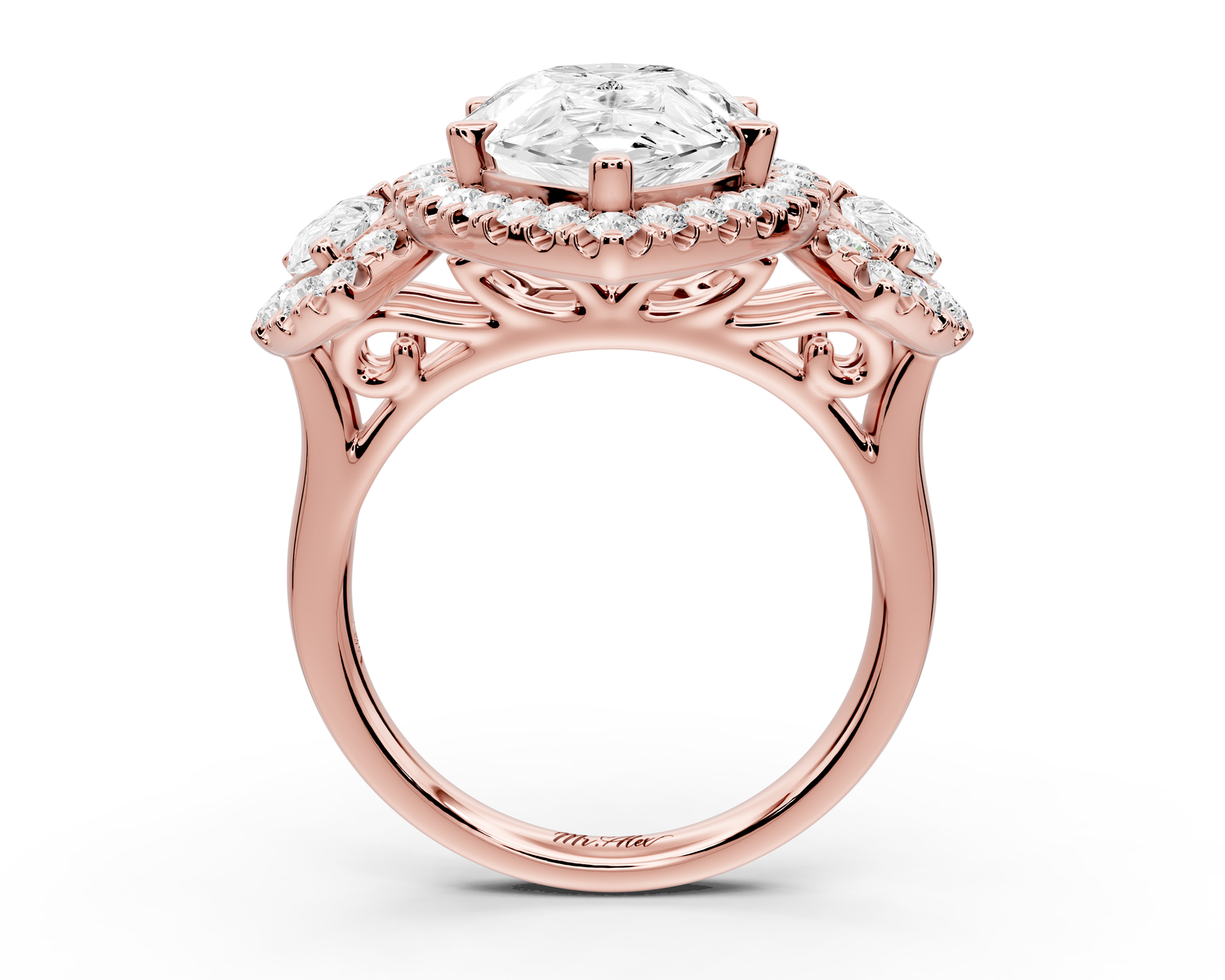 Iris - 5ct 14k rose gold Three stone pear Halo engagement ring