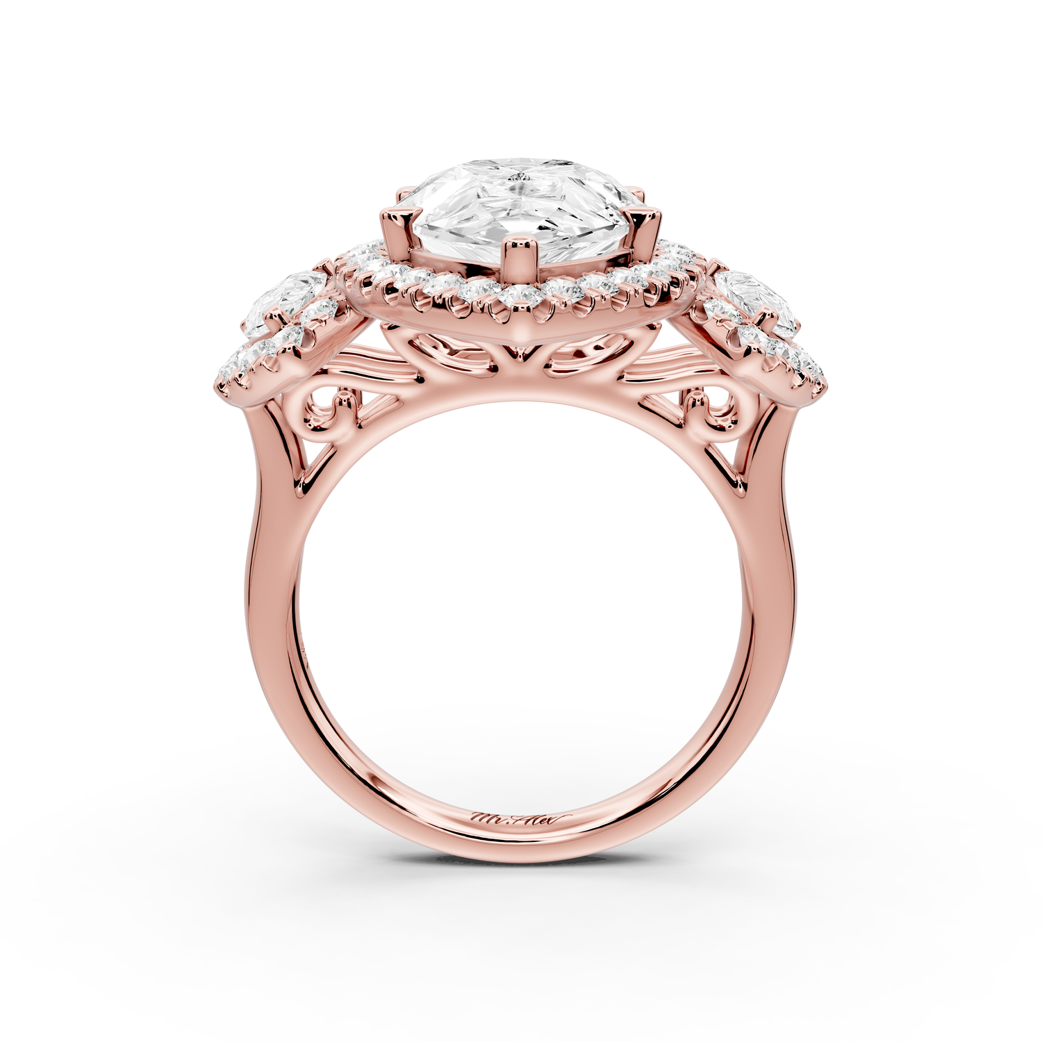 Iris - 5ct 14k rose gold Three stone pear Halo engagement ring